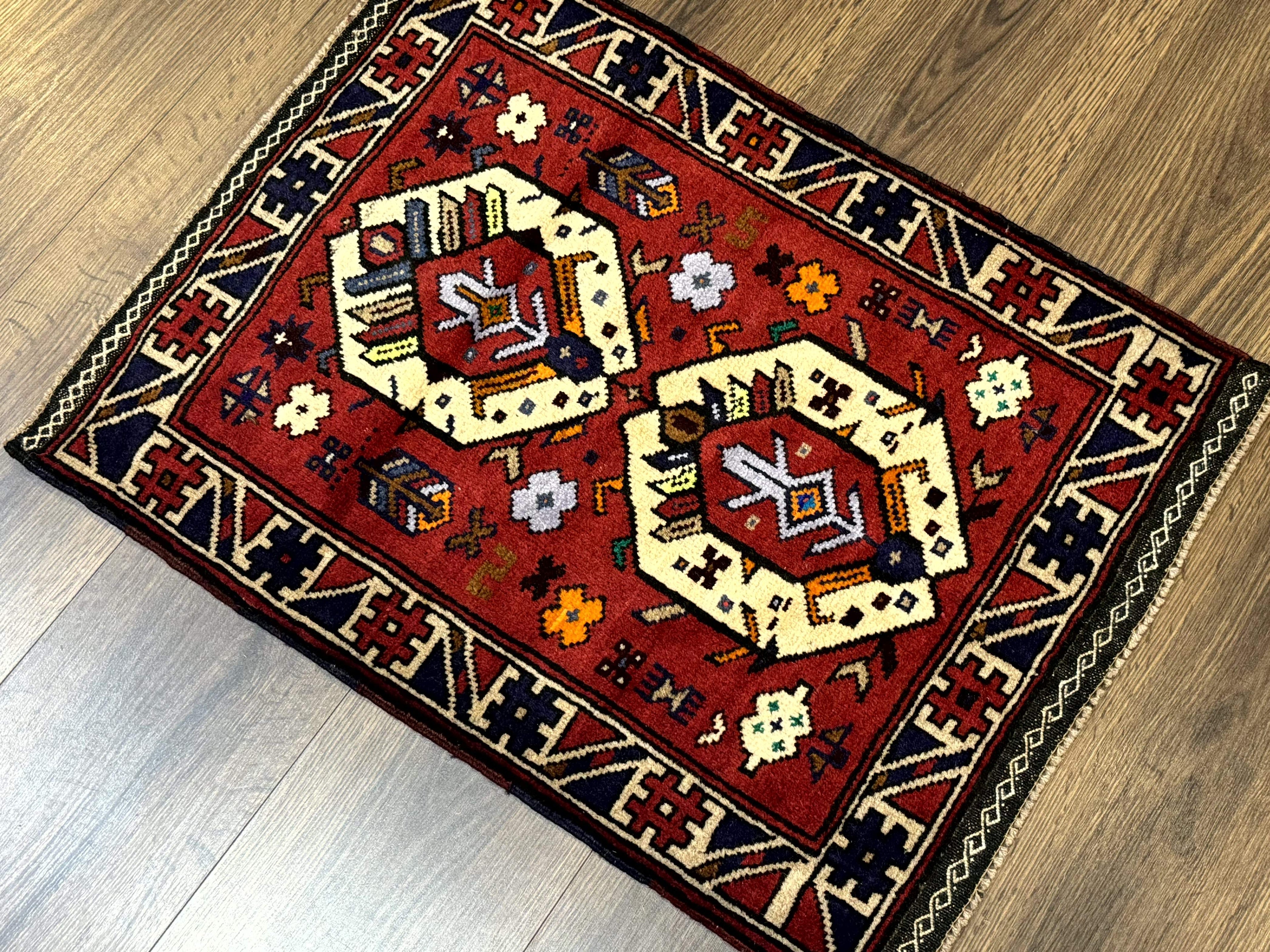 Small Persian Tribal Rug, Red and Ivory, Baluch Rug