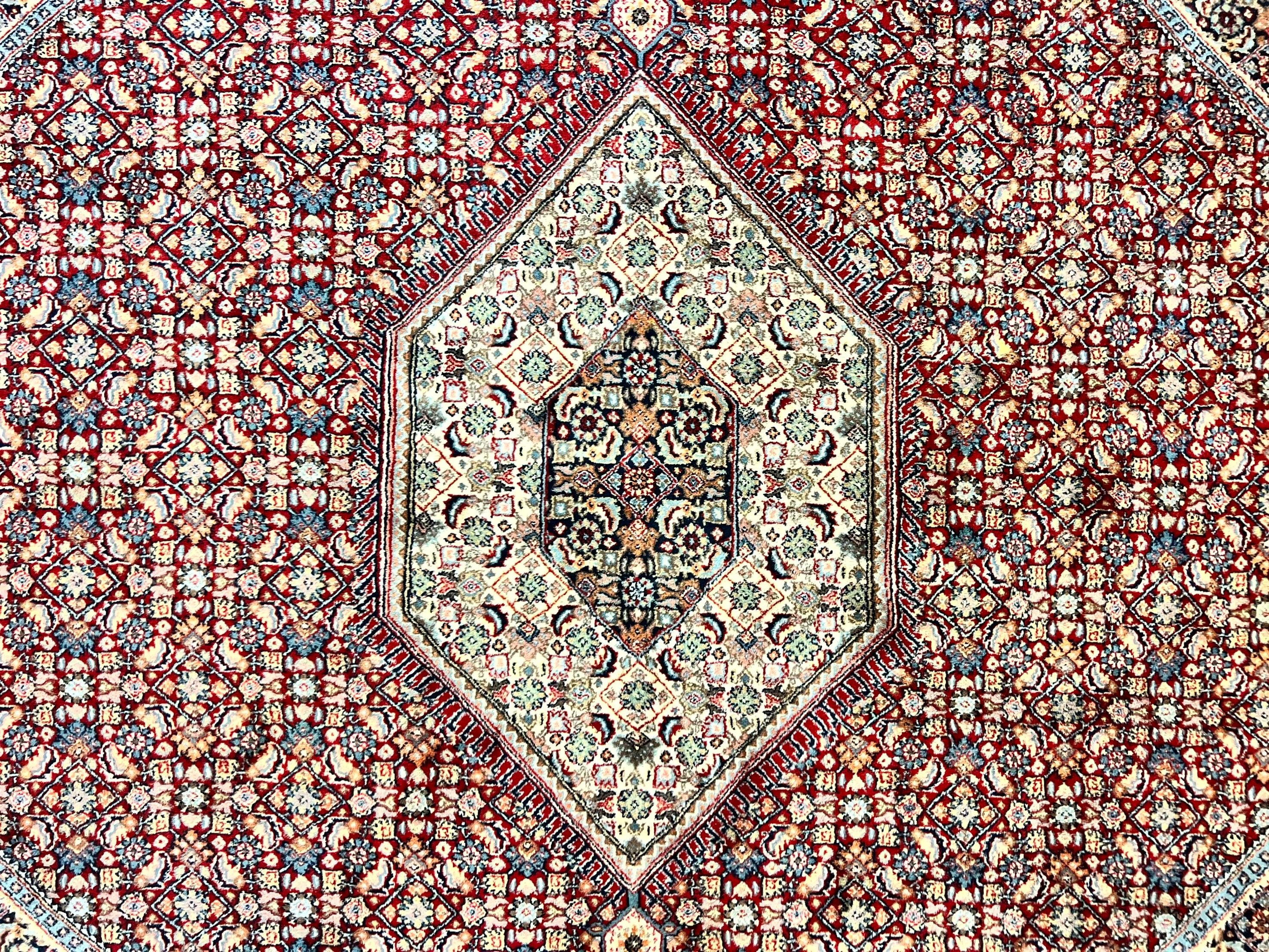 Square Indo Persian Bidjar Rug 10x10, Red, Handmade Vintage Wool Carpet
