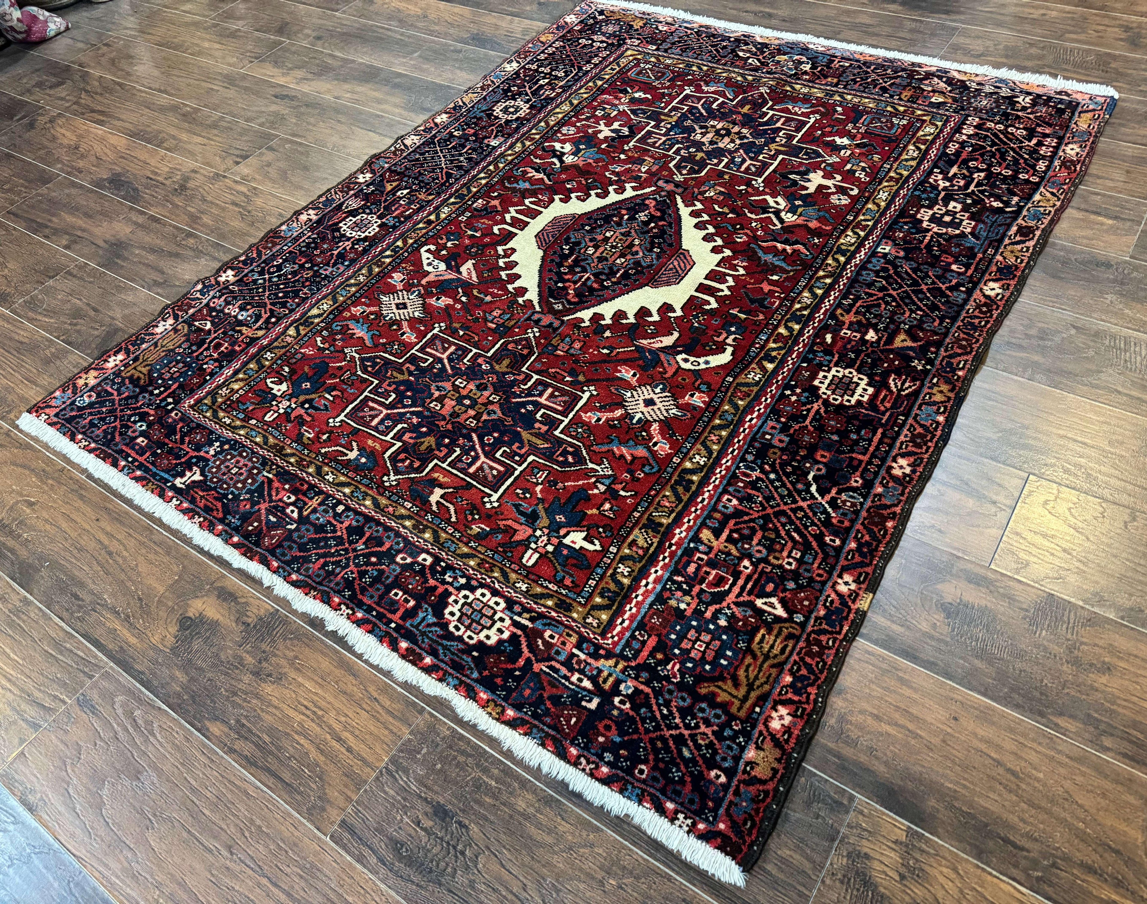 Persian Karajeh Rug 5x6, Antique Heriz Carpet, Geometric, Persian Tribal Rug, Brick Red Navy Blue
