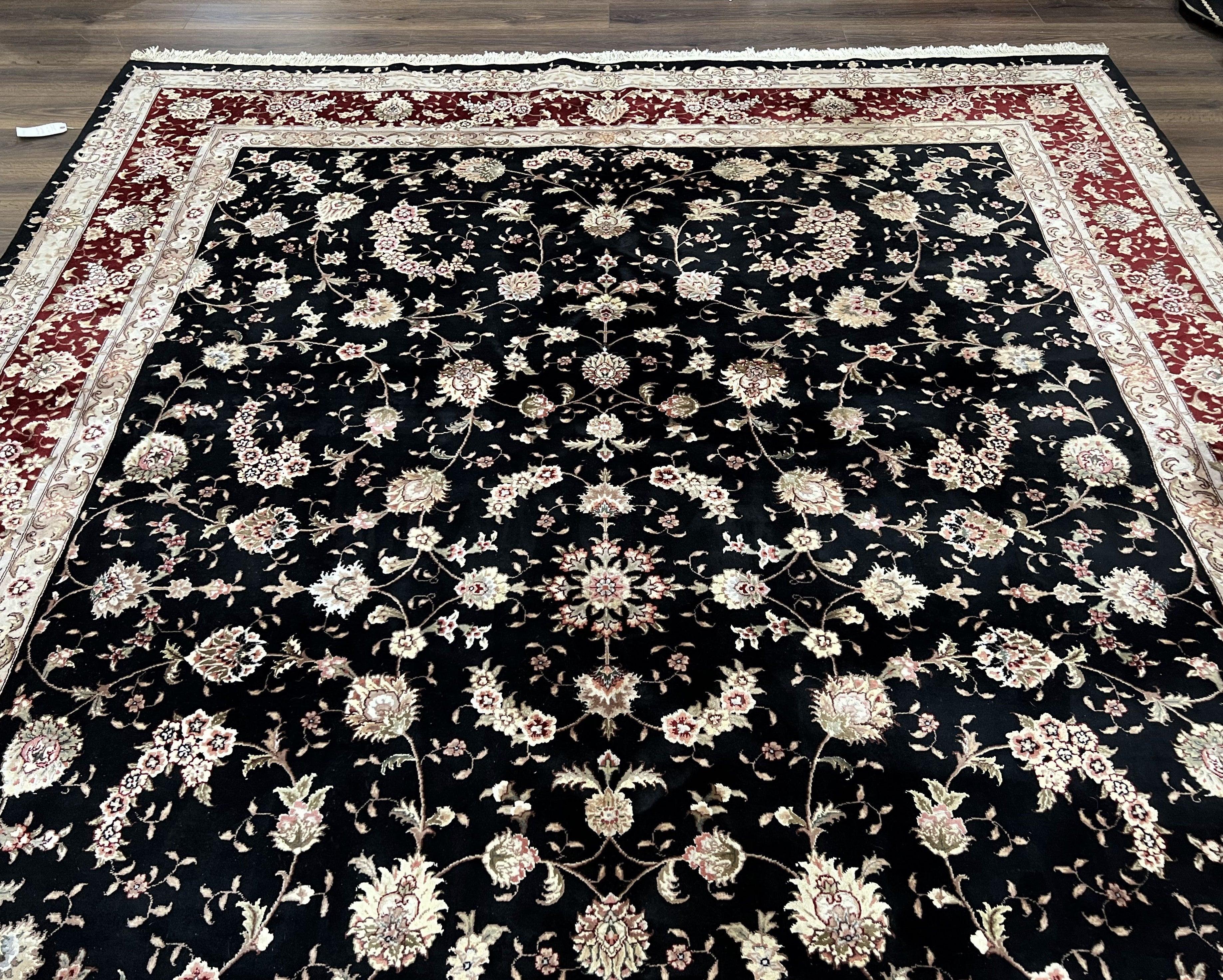 Sino Persian Rug 9x12, High Quality Oriental Carpet, Black and Maroon, Wool and Silk, Allover Floral Pattern, Hand Knotted, Vintage Rug Nice