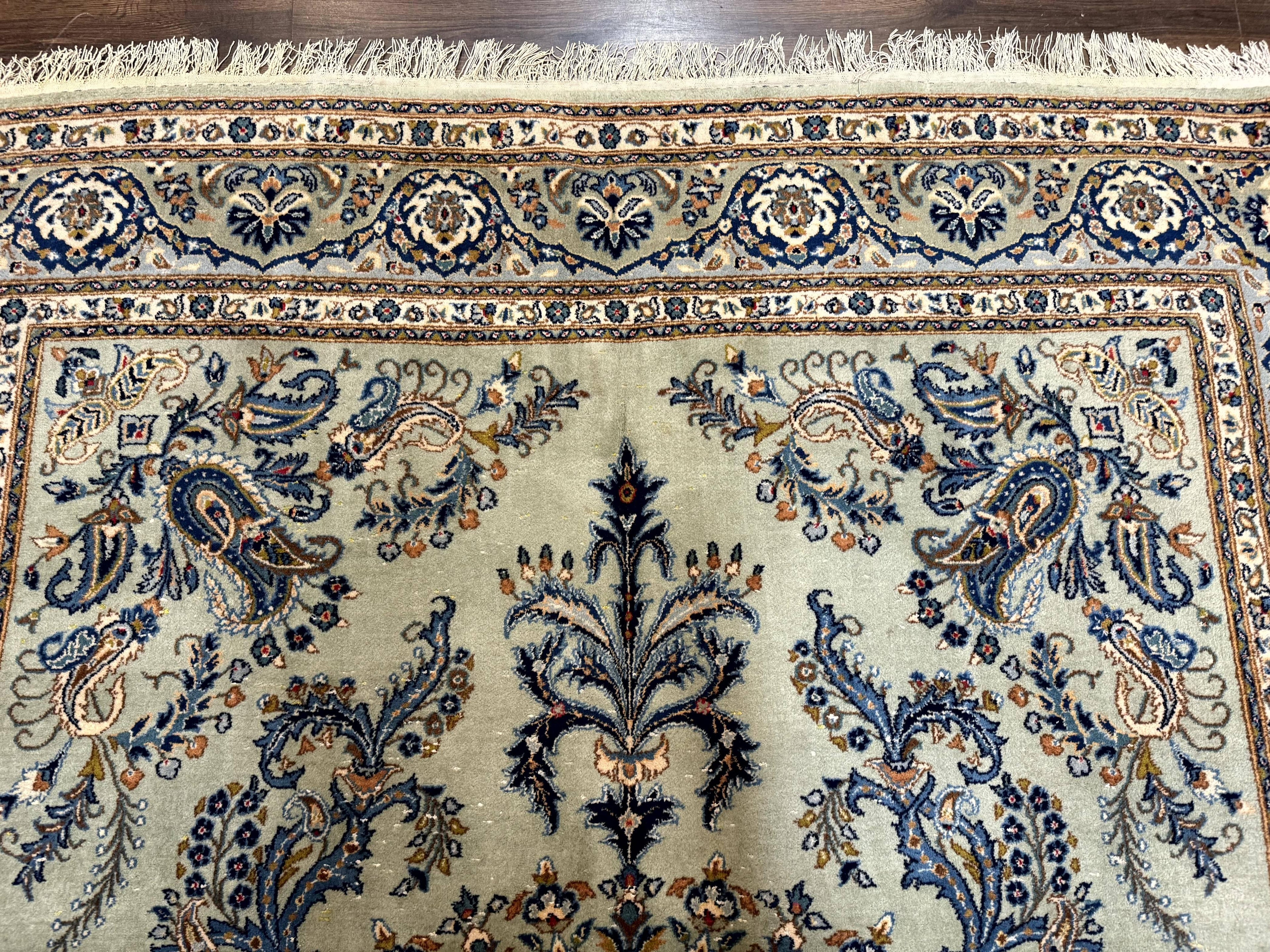 Light Green and Blue Persian Kashan Rug 7x10, Authentic Persian Carpet, Handmade, Wool