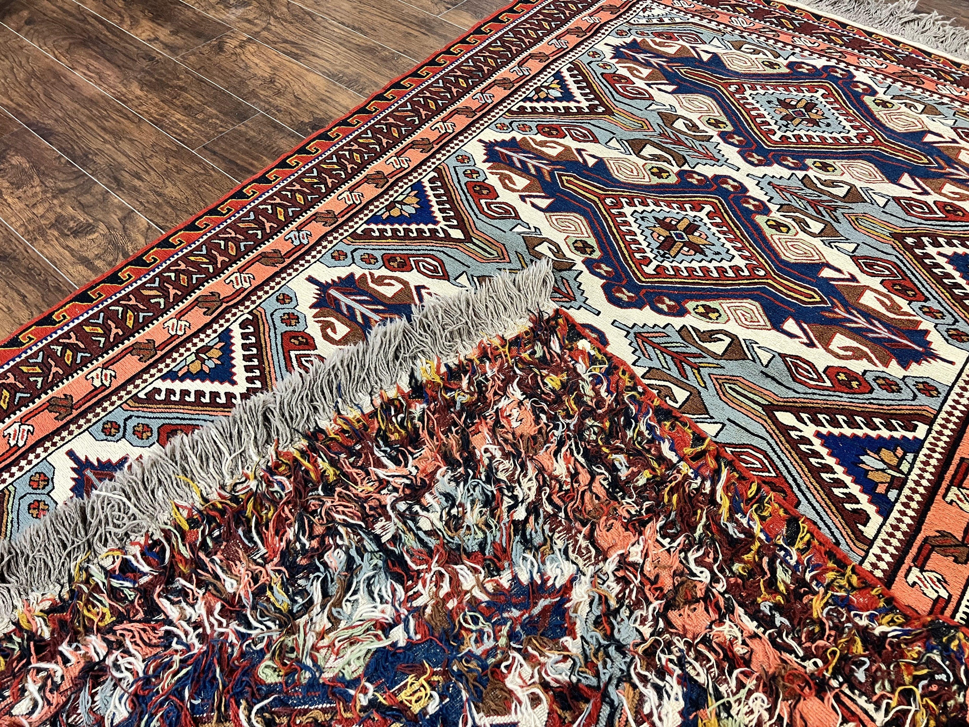 Russian Soumak Rug 6x8, Wool Handmade Antique Kilim Carpet, Multicolor 6 x 8 Geometric Medallions Caucasian Rug, Medium Size