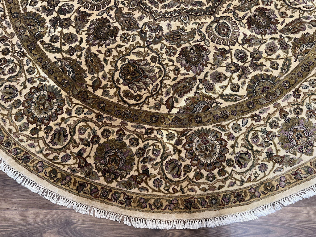 Round Indo Persian Rug 8x8 ft, Large Hand Knotted Vintage Wool Circular Carpet, 8ft Round Oriental Rug, Floral Medallion, Cream and Green