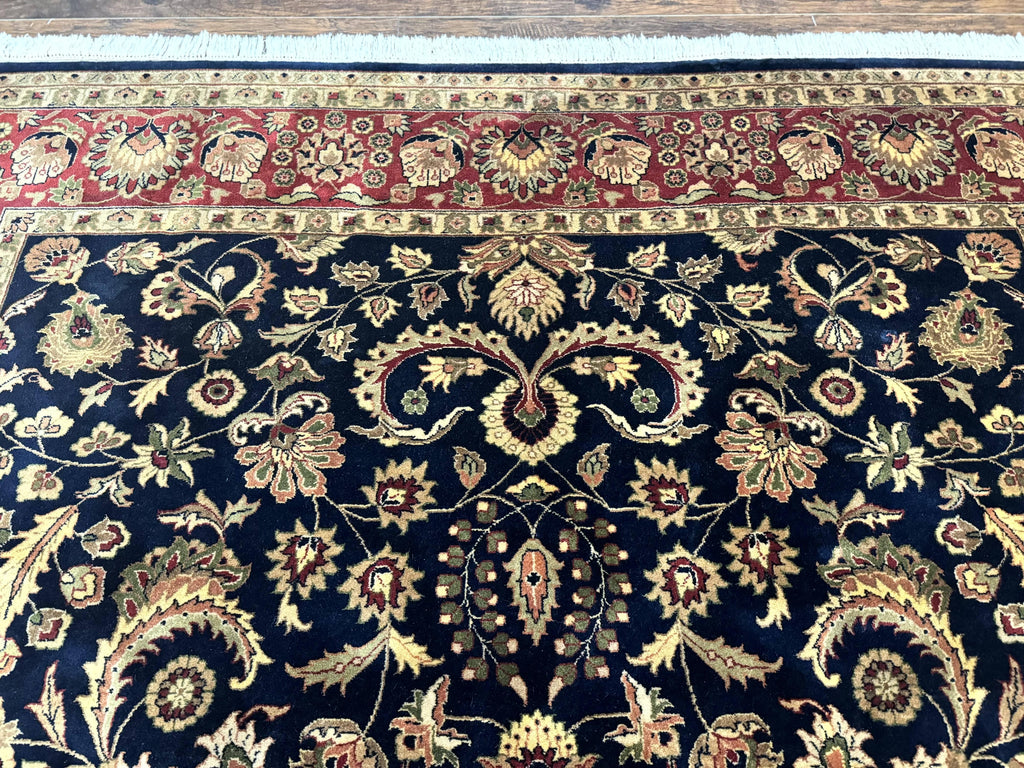 Indo Persian Rug 8x10, Navy Blue and Red, Floral Allover, Hand Knotted Vintage Wool Carpet, Indo Sarouk