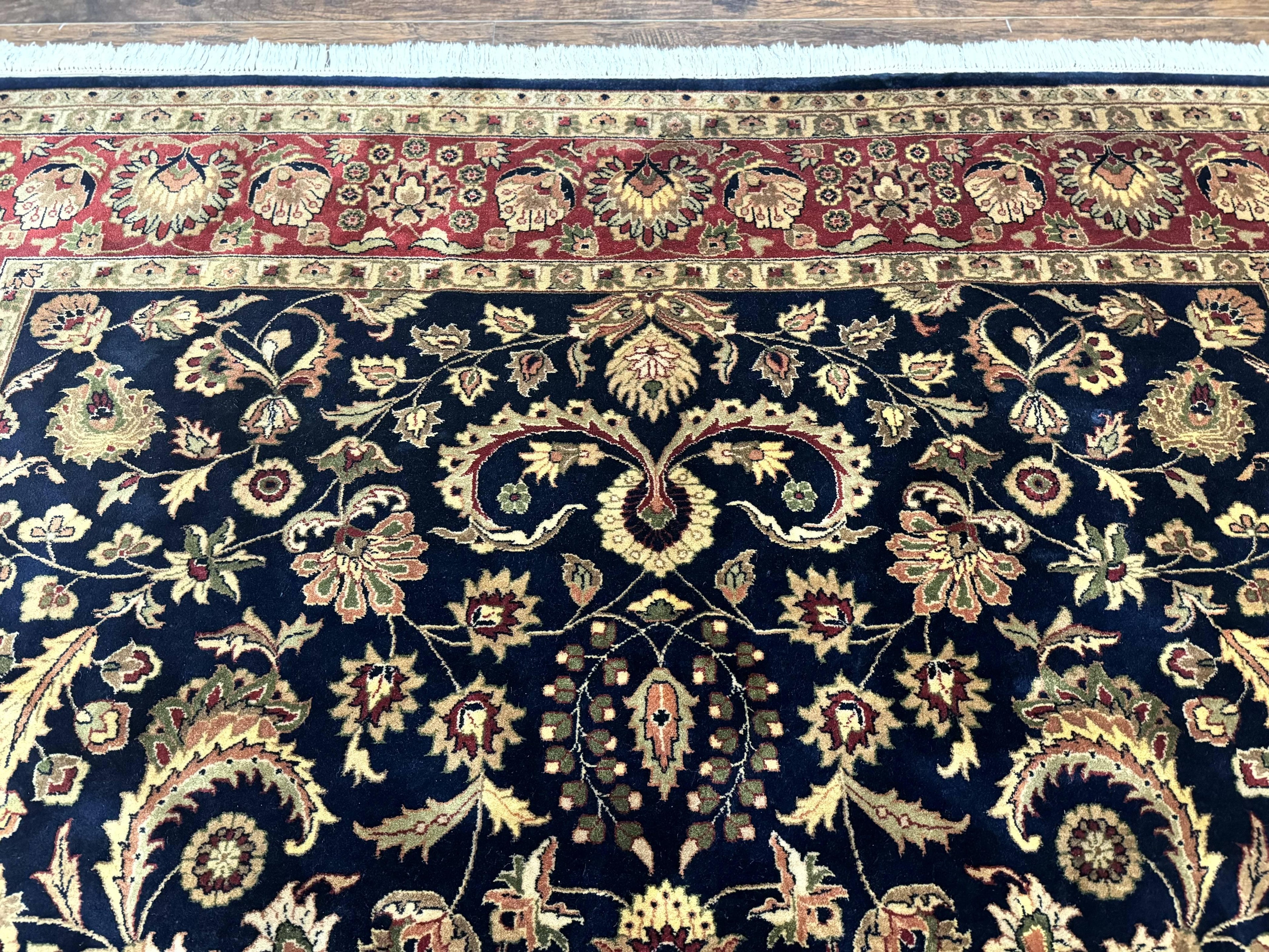 Indo Persian Rug 8x10, Navy Blue and Red, Floral Allover, Hand Knotted Vintage Wool Carpet, Indo Sarouk