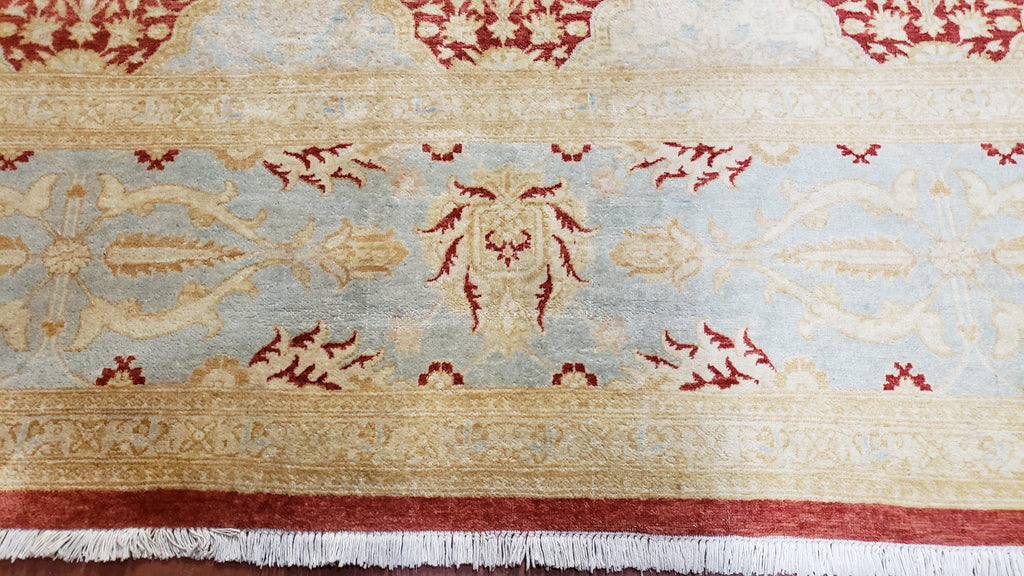 9x12 Peshawar Rug Pakistani Oriental Carpet Sky Blue and Red Wool Vintage Master Bedroom Rug Hand-Knotted Living Room Rug Dining Room Rug