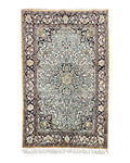 Silk Persian Qum Rug 4x5, Hand Knotted Vintage Carpet, Cream & Navy Blue, Silk Pile on Silk Foundation, Very Fine 360 KPSI