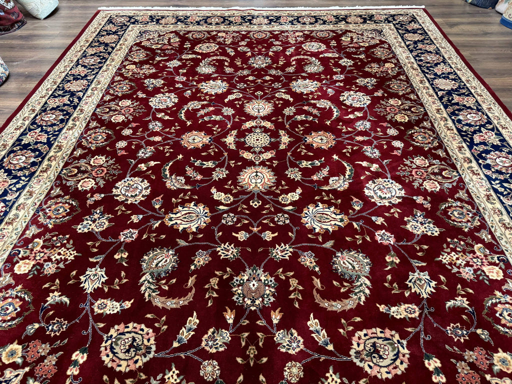 Sino Persian Rug 9x11, Burgundy and Navy Blue, Fine 200 KPSI, Floral Allover