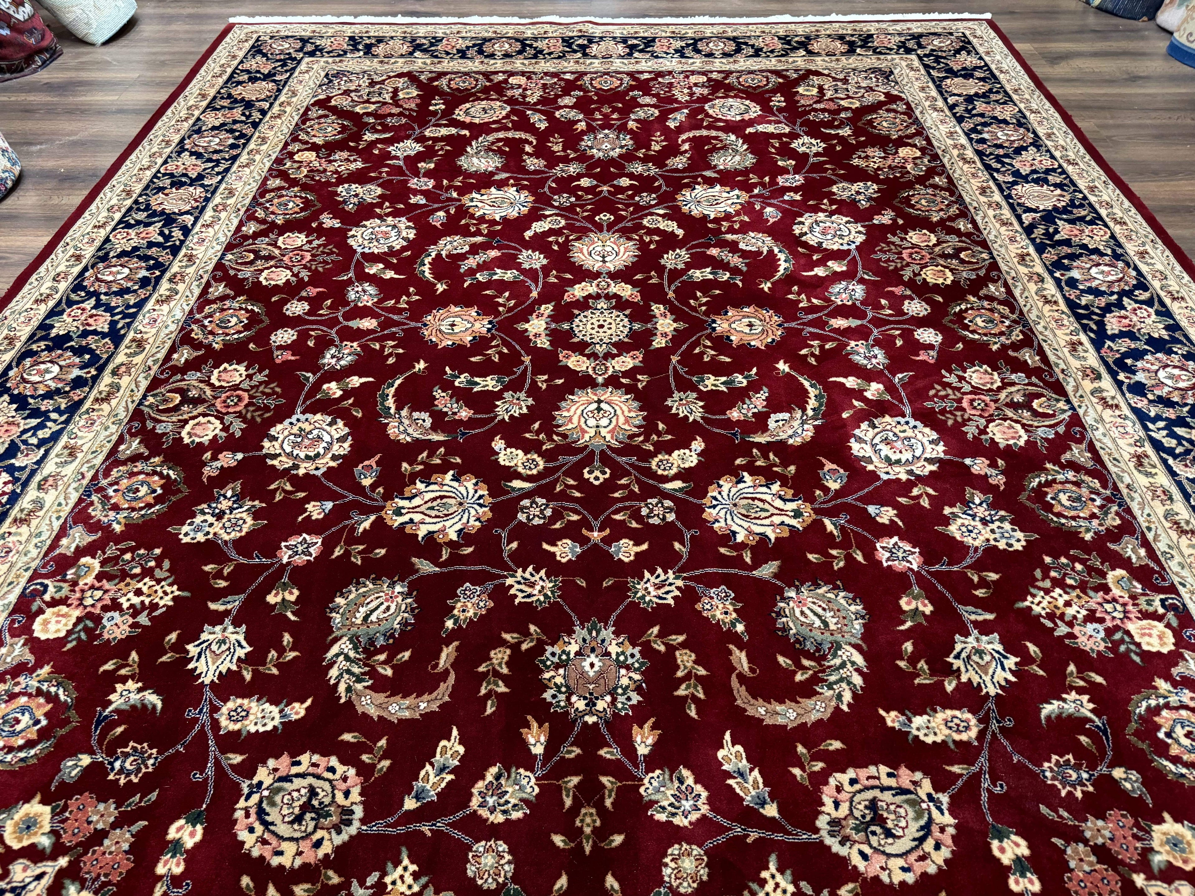 Sino Persian Rug 9x11, Burgundy and Navy Blue, Fine 200 KPSI, Floral Allover