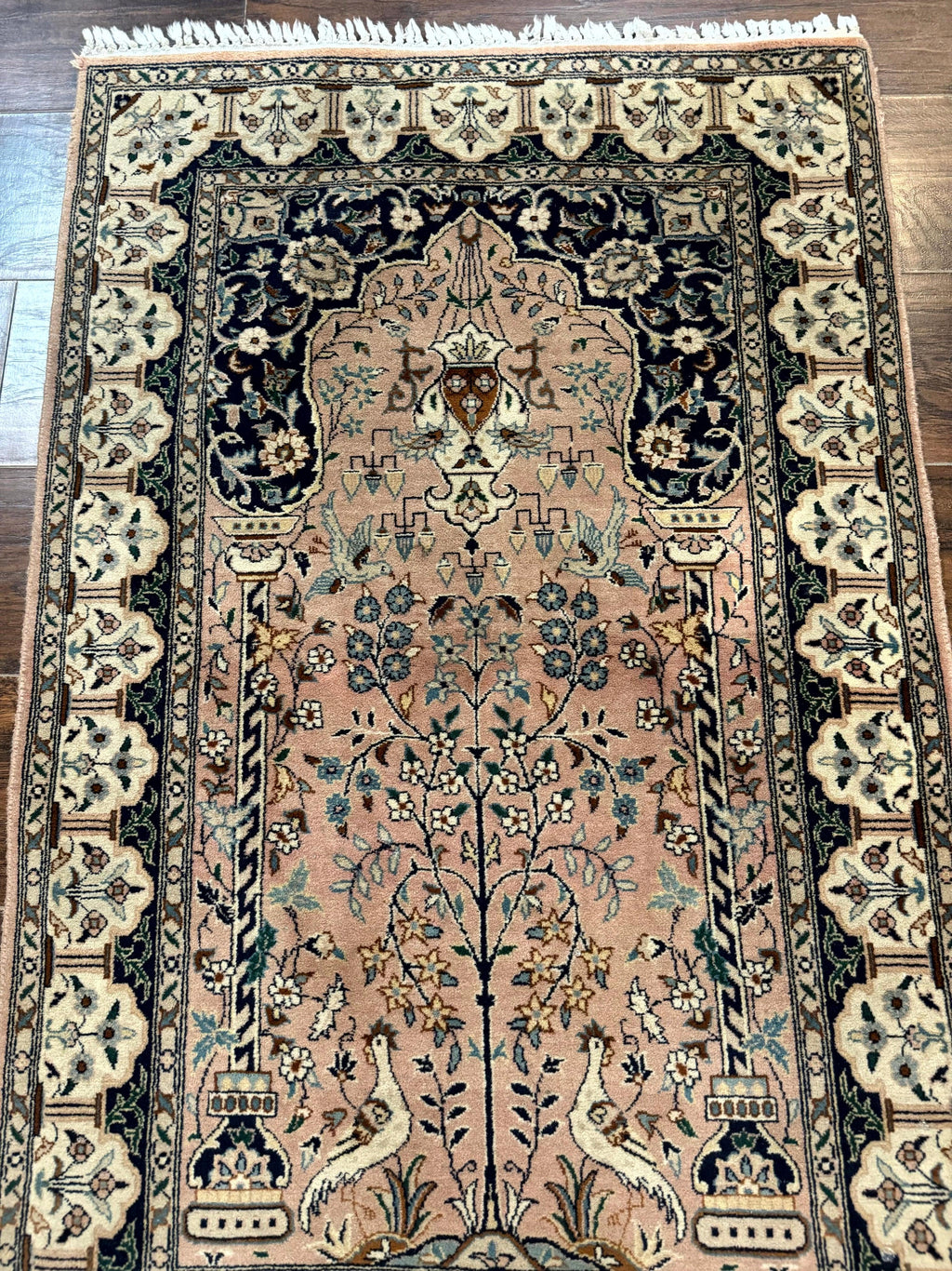 Small Tree of Life Prayer Rug, Pak Persian Rug 2.7 x 4, , Birds, Lantern, Handmade Vintage Fine 260 KPSI