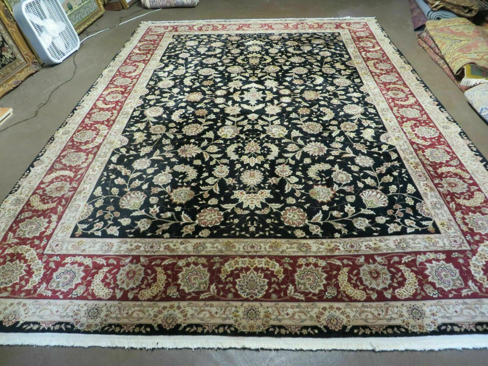 9' X 12' Vintage Handmade Fine Chinese Oriental Floral Wool Rug Silk Black