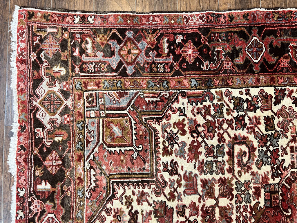 Large Persian Heriz Rug 10x13, Red and Cream Geometric Tribal Room Sized Handmade Wool Hand Knotted Semi Antique Decorative Oriental Carpet