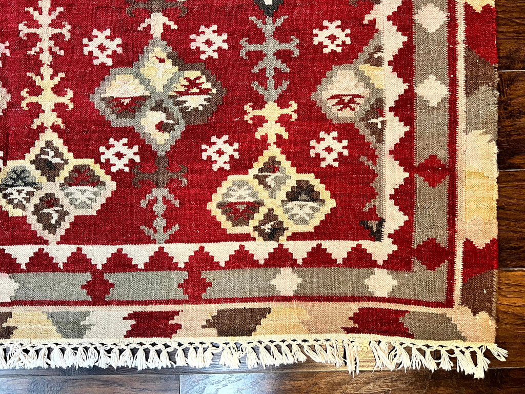 Indian Kilim Rug 6x6, Square Kilim Flatweave Carpet, Vintage Handmade Wool Rug, Red