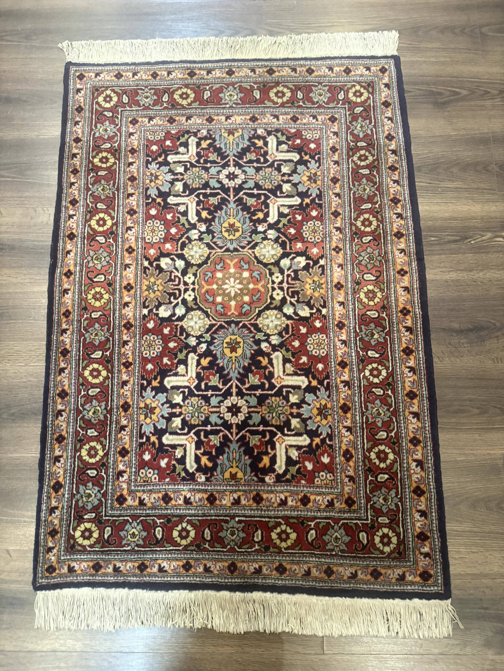 Turkish Hereke Rug 3x5, Navy Blue and Red, Fine 210 KPSI