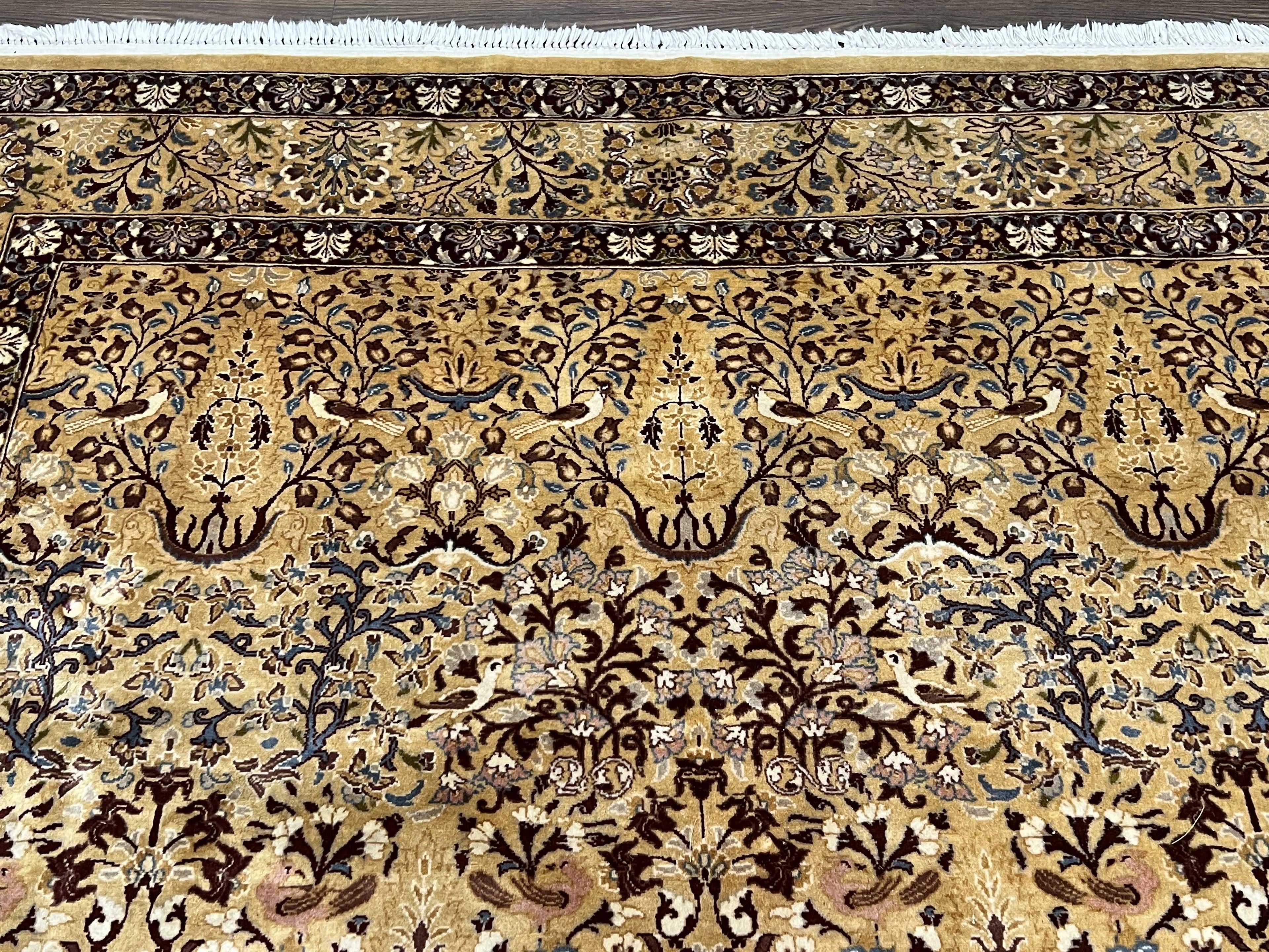 Pretty Indo Persian Rug 6x9, Allover Floral Motif with Birds, Tan/Cream, Very Fine Oriental Carpet, Hand Knotted Vintage Indian Wool Rug