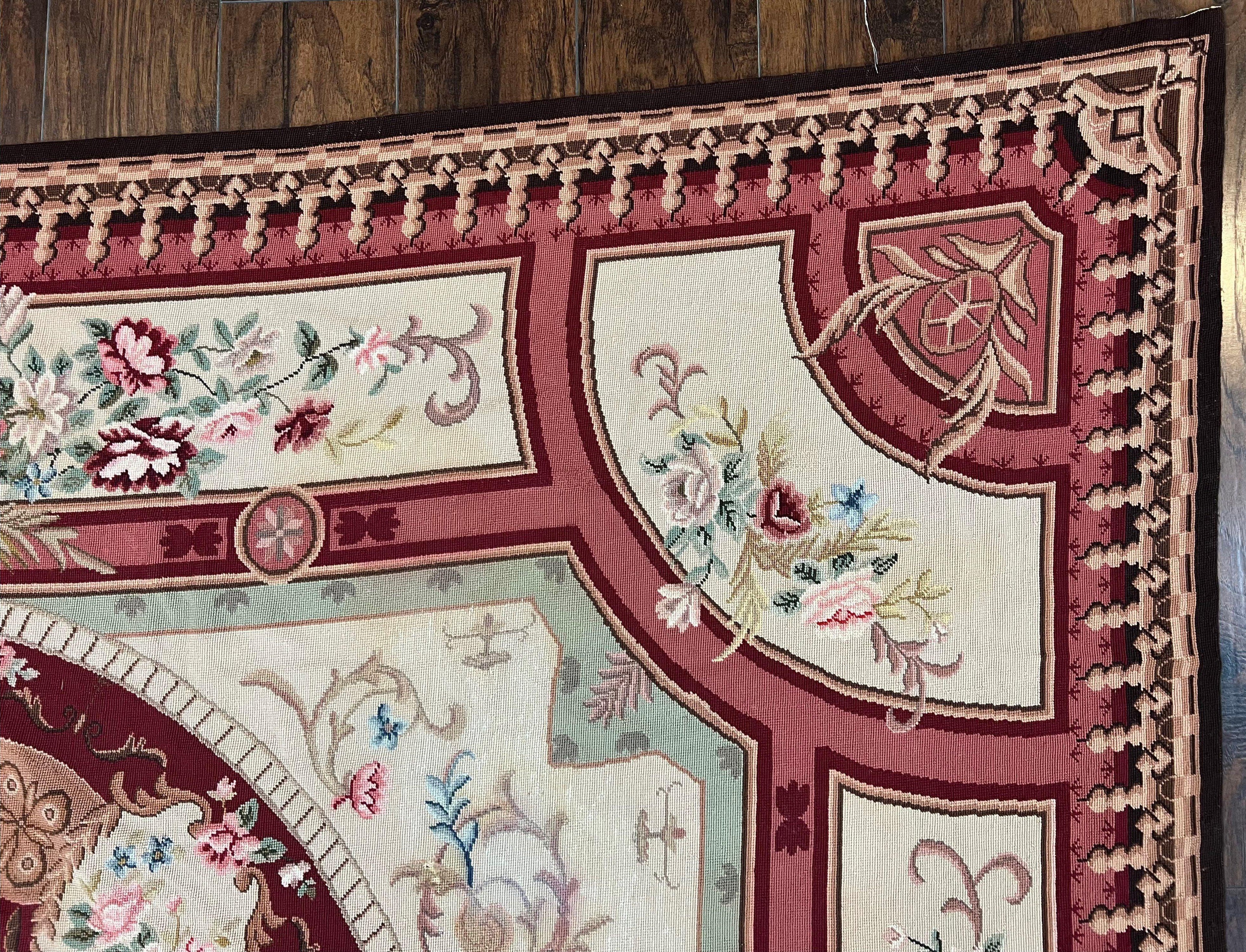 Needlepoint Rug 7.9 x 9, Beige Maroon Rose, Handmade Handwoven Flatweave Aubusson Savonnerie French European Elegant Carpet, Wool Rug