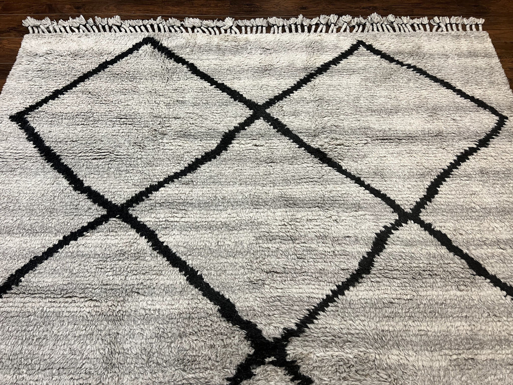 Modern Shag Rug 8x10, Gray and Black, Wool and Cotton, Lulu and Georgia, Handmade Indian Shag Rug