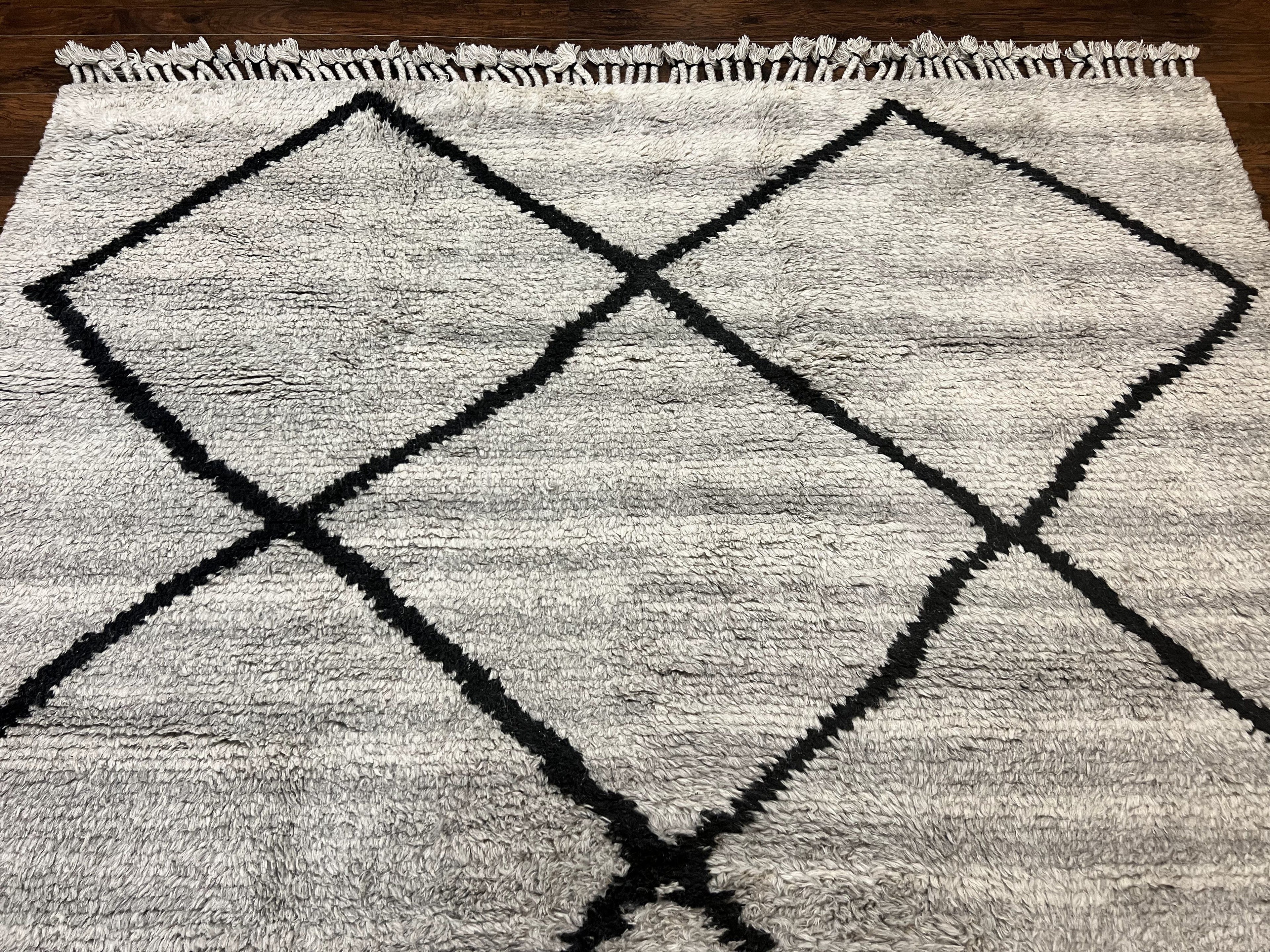 Modern Shag Rug 8x10, Gray and Black, Wool and Cotton, Lulu and Georgia, Handmade Indian Shag Rug