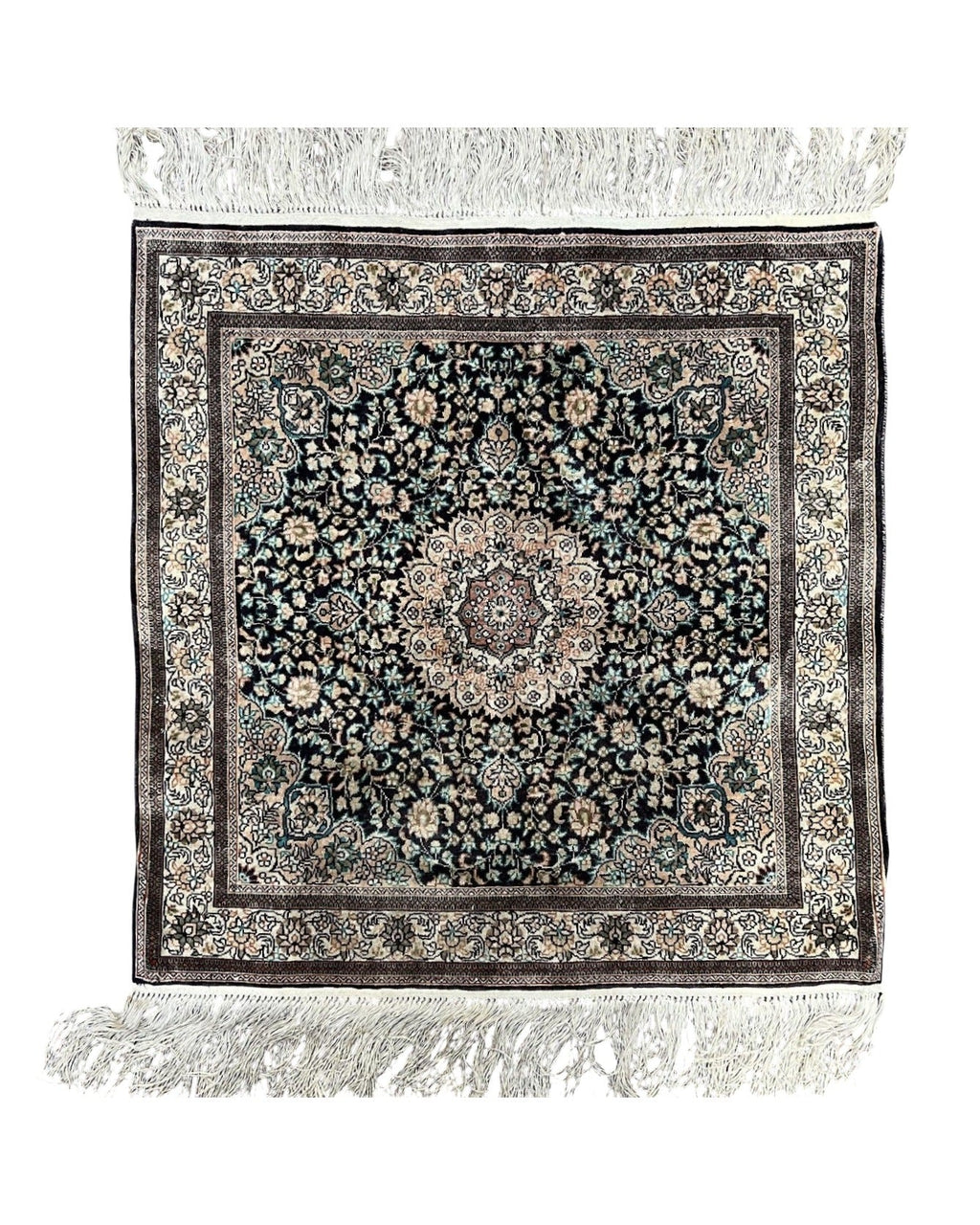 Sino Persian Silk Rug 2x2 ft, Very Fine High KPSI Small Silk Oriental Carpet, Hand-Knotted, Medallion, Vintage Silk Rug, Black Ivory/Cream
