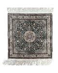 Sino Persian Silk Rug 2x2 ft, Very Fine High KPSI Small Silk Oriental Carpet, Hand-Knotted, Medallion, Vintage Silk Rug, Black Ivory/Cream