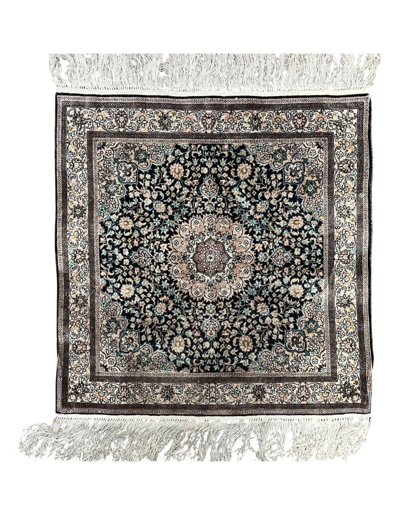 Sino Persian Silk Rug 2x2 ft, Very Fine High KPSI Small Silk Oriental Carpet, Hand-Knotted, Medallion, Vintage Silk Rug, Black Ivory/Cream