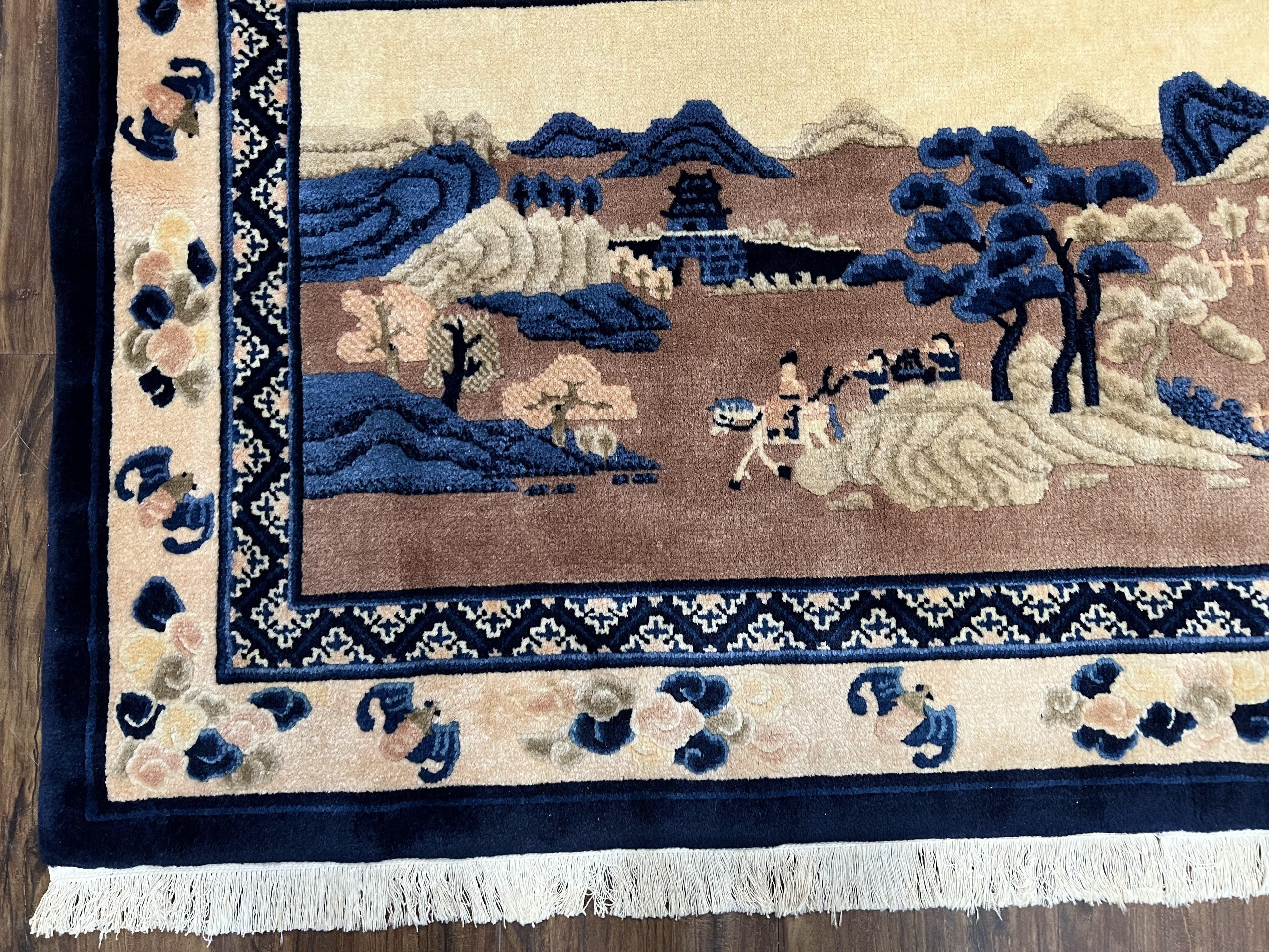 Antique Chinese Pictorial Rug 2.7 x 5, Chinese Village and Hills Carpet, Beige and Dark Blue, Handmade, Horizontal Rug Wall Hanging Tapestry