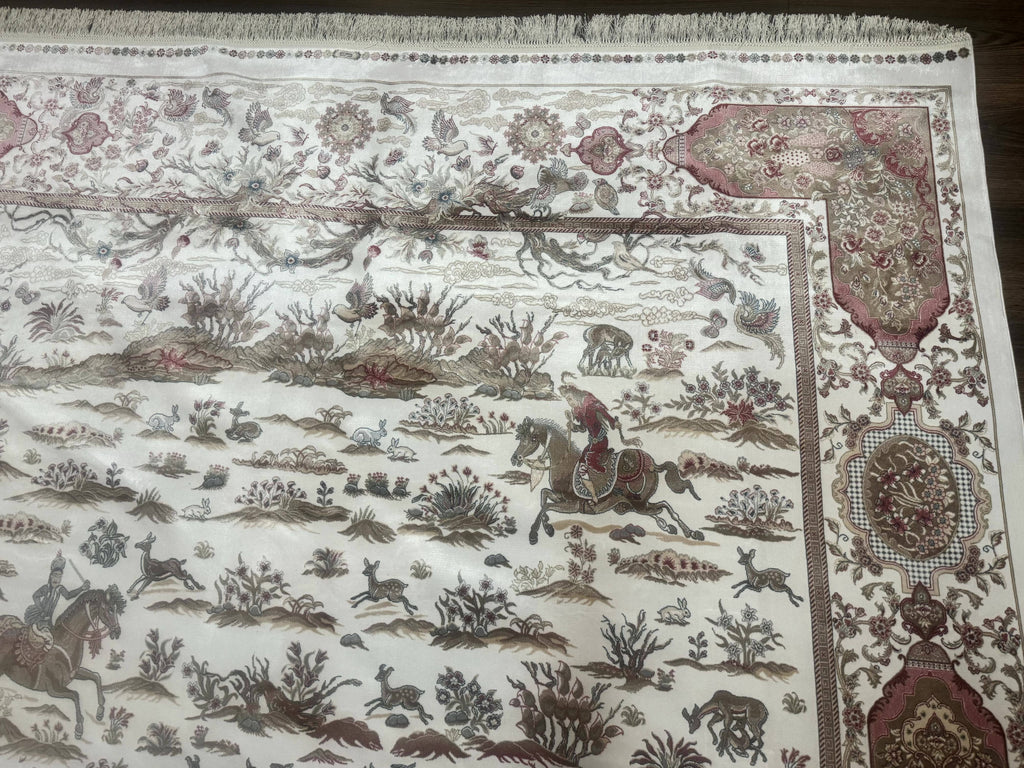Large Turkish Silk Rug 8x10, Ivory, Hunting Design, Bamboo Silk, New