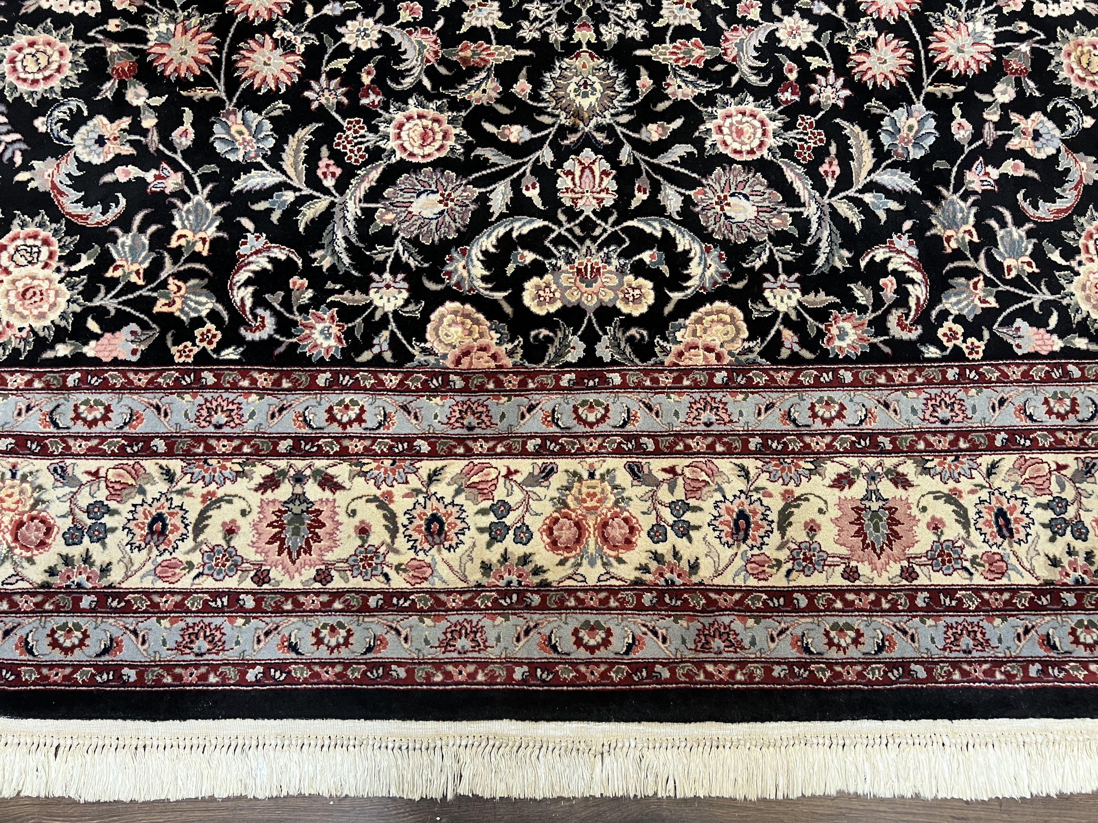 Pak Persian Rug 9x12, Floral Allover, Hand Knotted Oriental Carpet 9 x 12 ft, Black and Cream, Detailed, Wool with Silk Highlights, Vintage