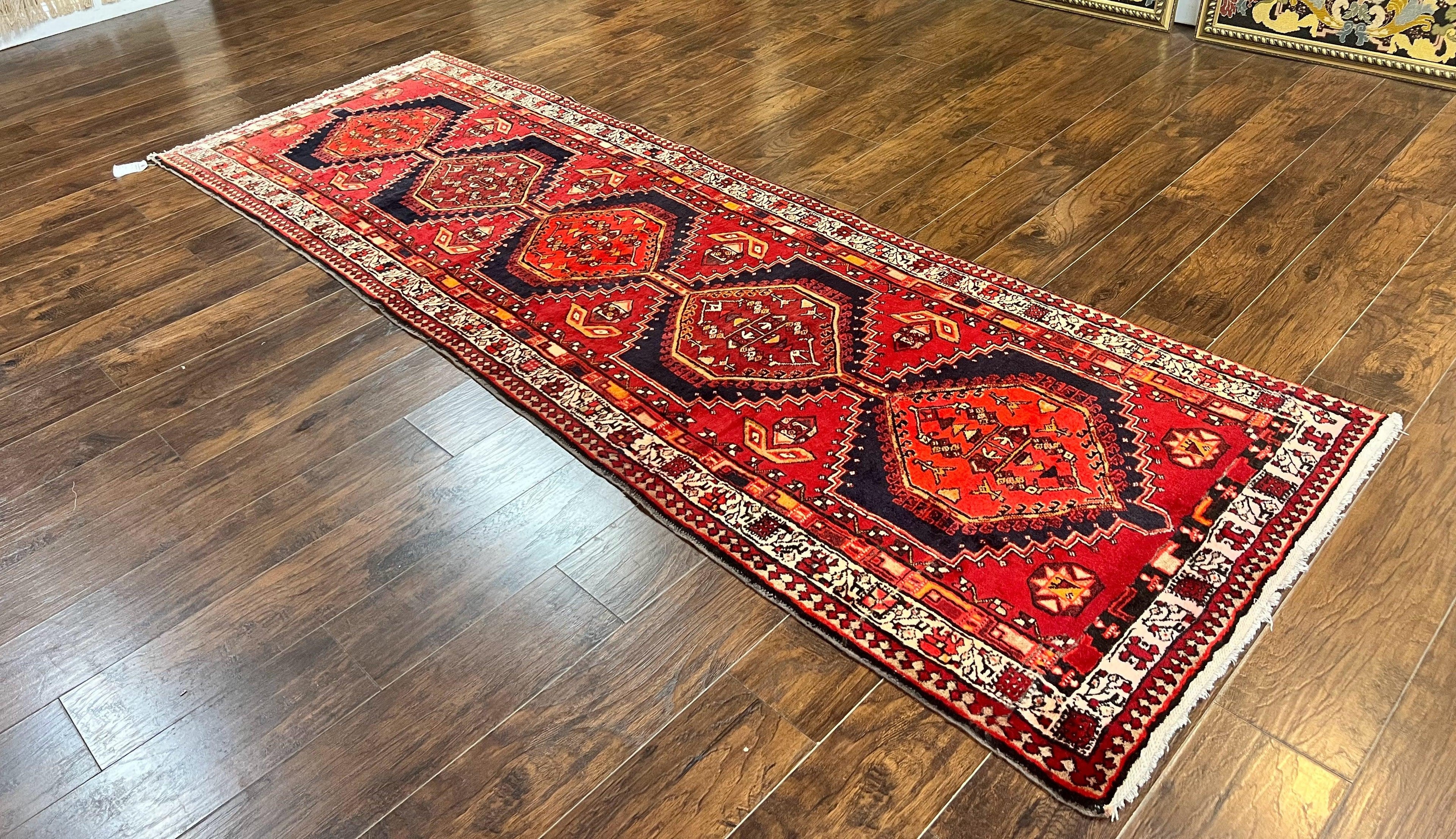 Persian Heriz Runner Rug 3.7 x 11, Persian Tribal Runner, Handmade Wool, Medallions, Geometric, Red, Antique Vintage Hand Knotted Rug