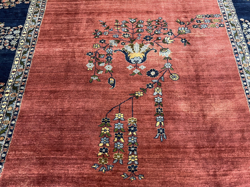 Large Persian Sarouk Rug 10x17, Open Field, Red and Navy Blue, Palace Sized Oversized Hand Knotted Wool Oriental Carpet Flowers Vases Antique 1920s