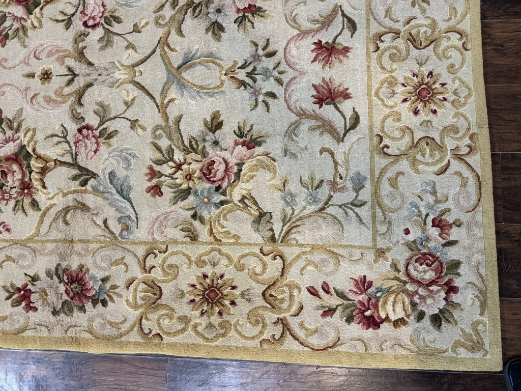 Aubusson Rug 8x10, French European Design, Vintage Handmade Wool Carpet, Aubusson Rug with Pile, Floral