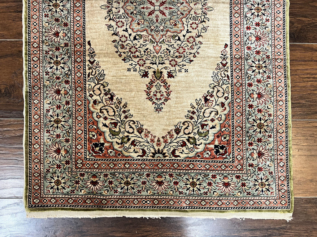 Silk Turkish Kayseri Rug 2x3, Very Finely Hand Knotted, Semi Open Field, Vintage, Silk Pile on Silk Foundation, 300 KPSI
