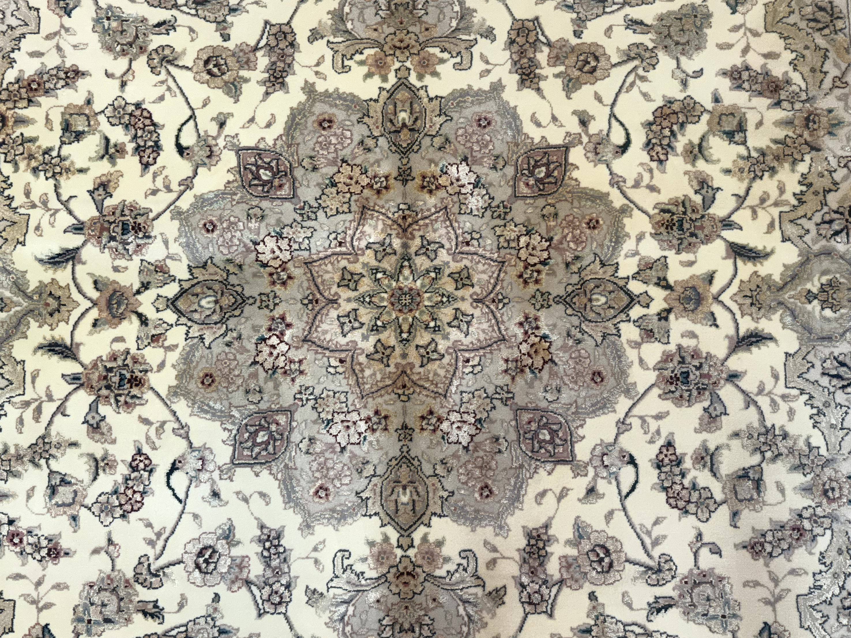 Sino Persian Rug 6x9, Floral Medallion, Ivory & Taupe, Wool with Silk Highlights, Fine 210 KPSI