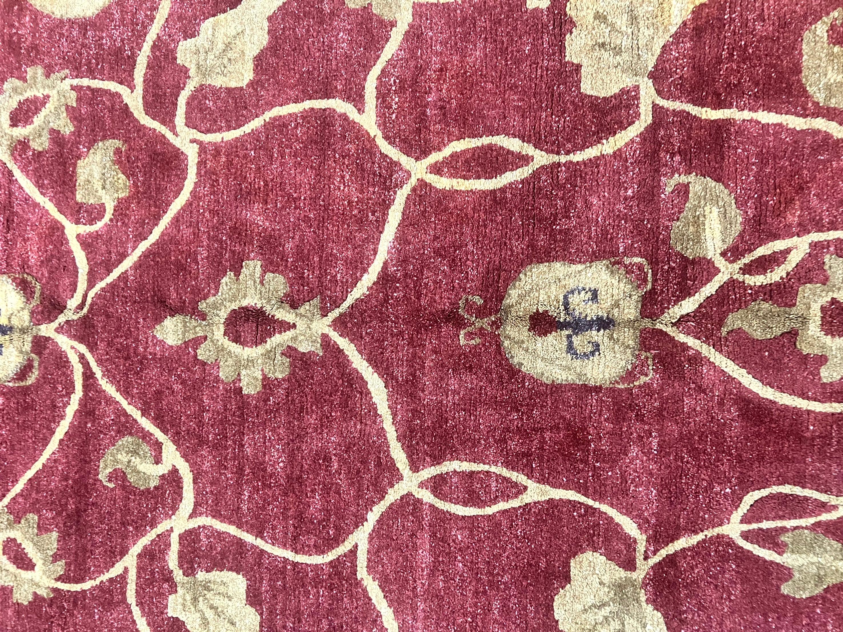 Tibetan Aubusson Rug 8x10, Maroon and Beige, Floral, Handmade, Wool, Vintage, Traditional Rug