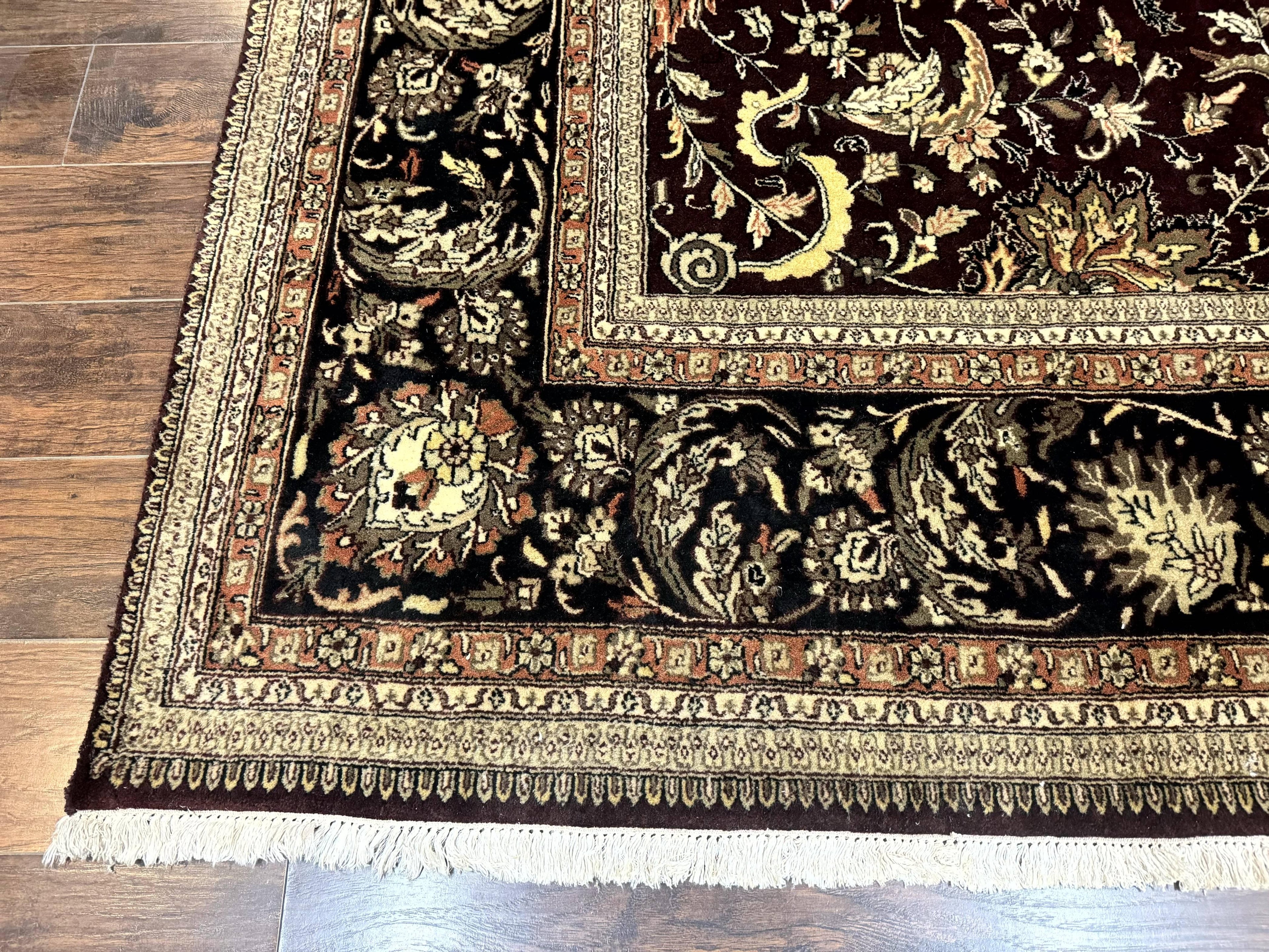 Indo Persian Rug 10x14, Floral Allover, Handmade Vintage Wool Rug, Dark Maroon/Plum and Black