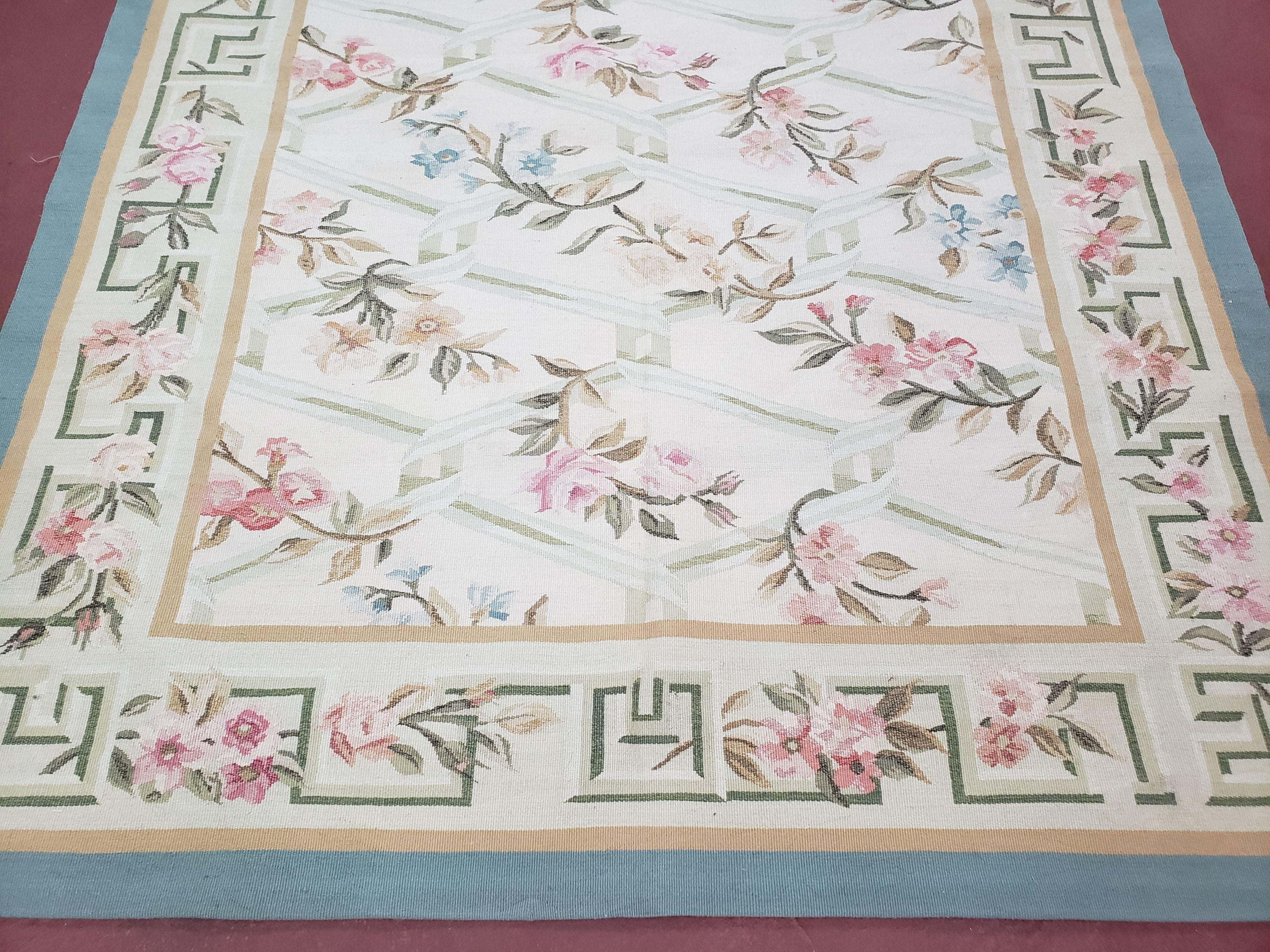 Vintage Aubusson Area Rug, Aubusson Flat weave Carpet, Floral Geometric Pattern, Beige Teal Green, 4x6 Rug, European Design