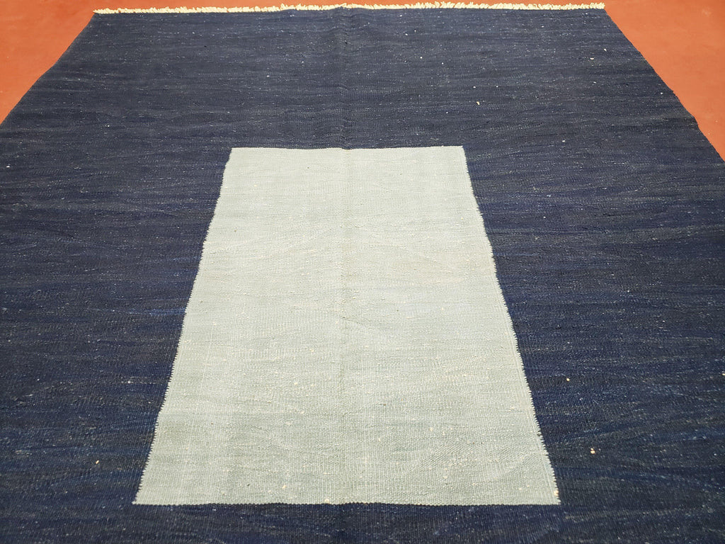 Large Blue Turkish Kilim Rug 7x10, Handmade, Wool