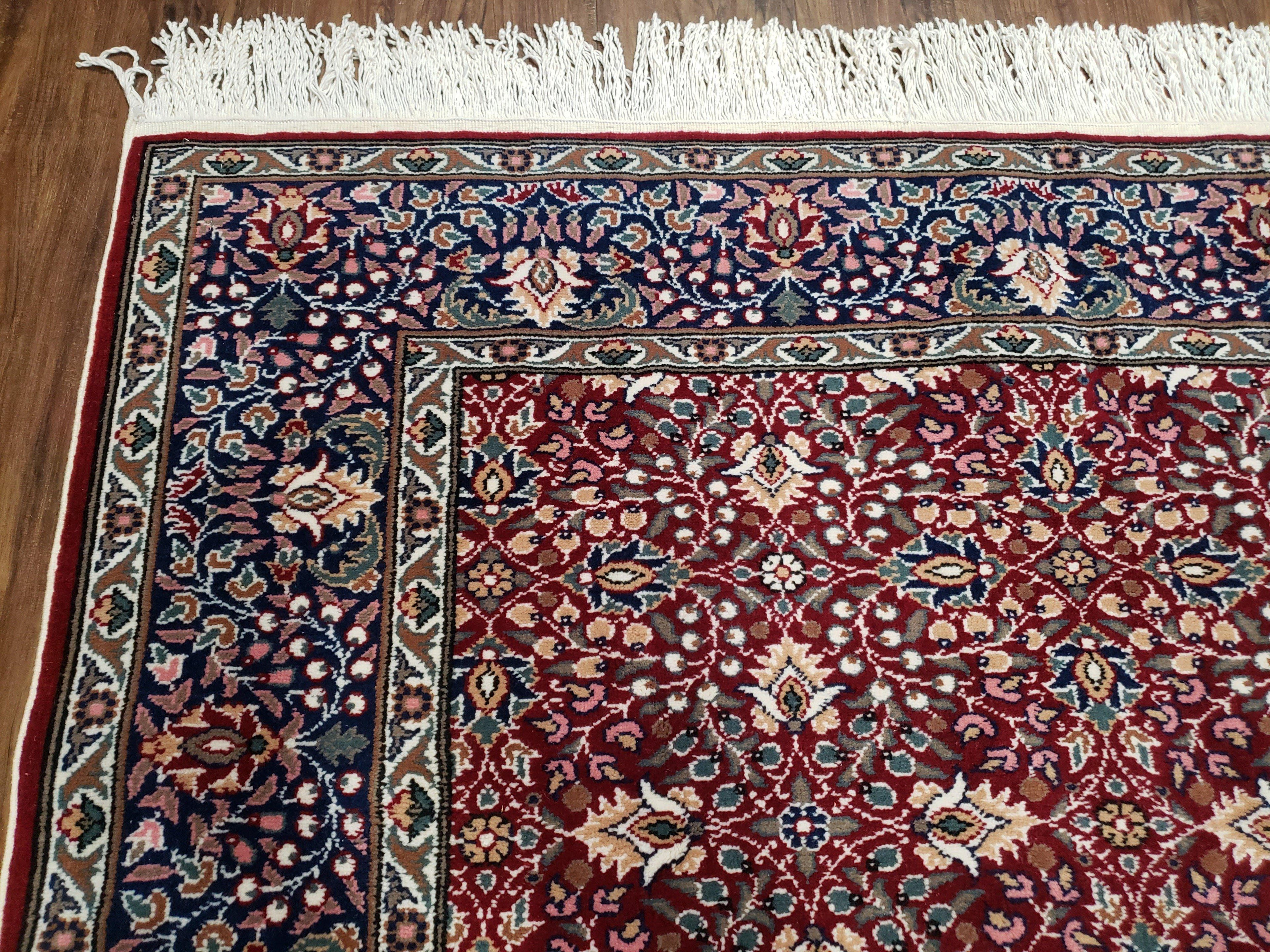 Vintage Turkish Sivas Area Rug 6.5 x 9.5, Wool Hand-Knotted Red & Midnight Blue Allover Floral Pattern Oriental Carpet, 6x9 Traditional Rug