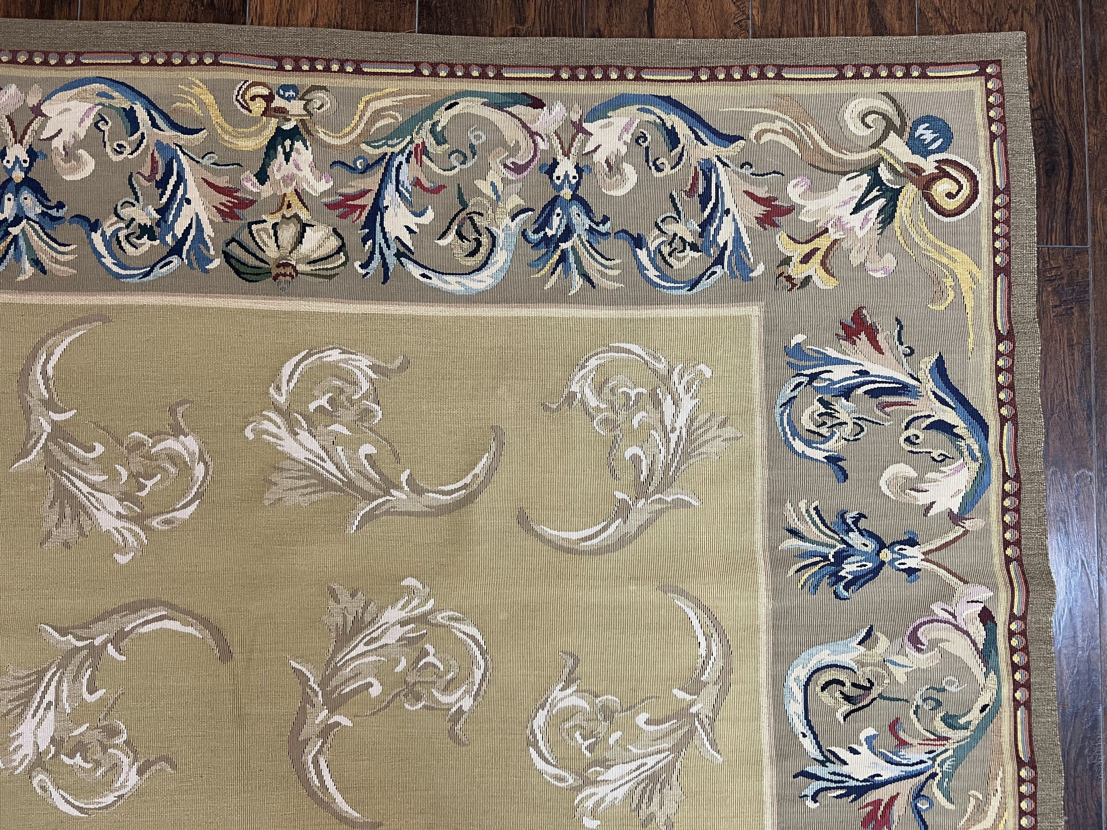 Vintage Aubusson Flatweave Area Rug 9x12, Aubusson Weave, Wool, Beige, Handmade, French European Design, 8'9" x 11'9"