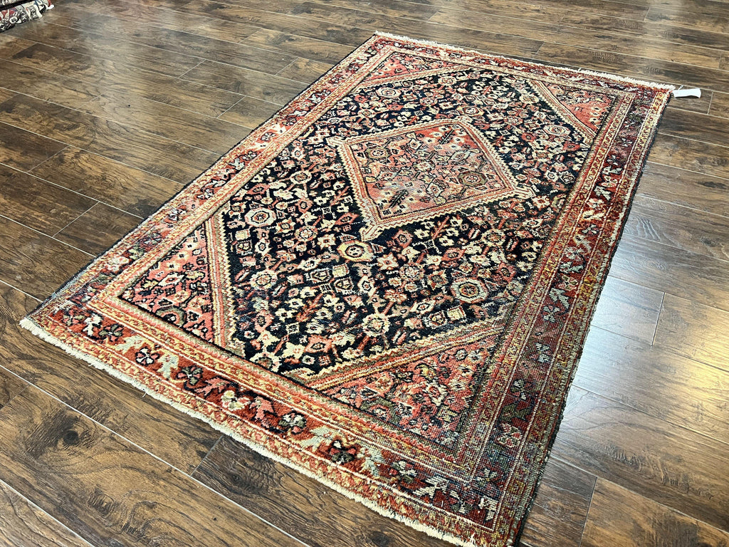 Antique Persian Mahal Rug 4x7, Wool Hand Knotted Tribal Geometric Carpet