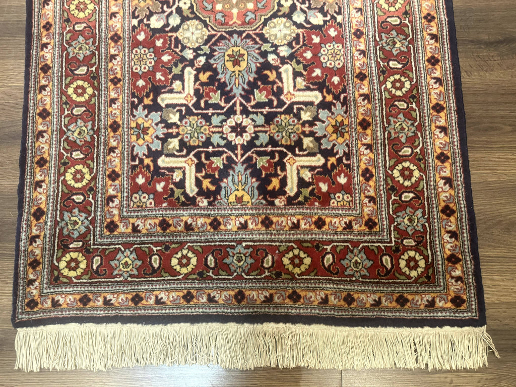 Turkish Hereke Rug 3x5, Navy Blue and Red, Fine 210 KPSI