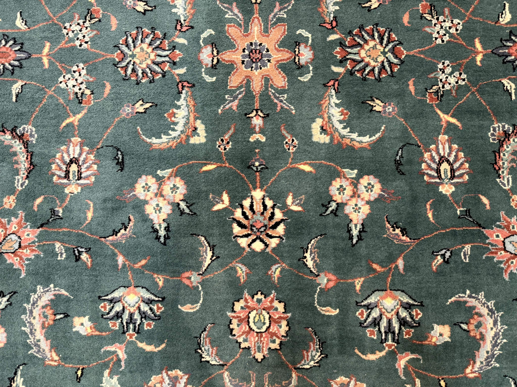 Indo Persian Rug 8x10, Green and Beige Oriental Carpet, Traditional Wool Area Rug, Floral Allover Pattern