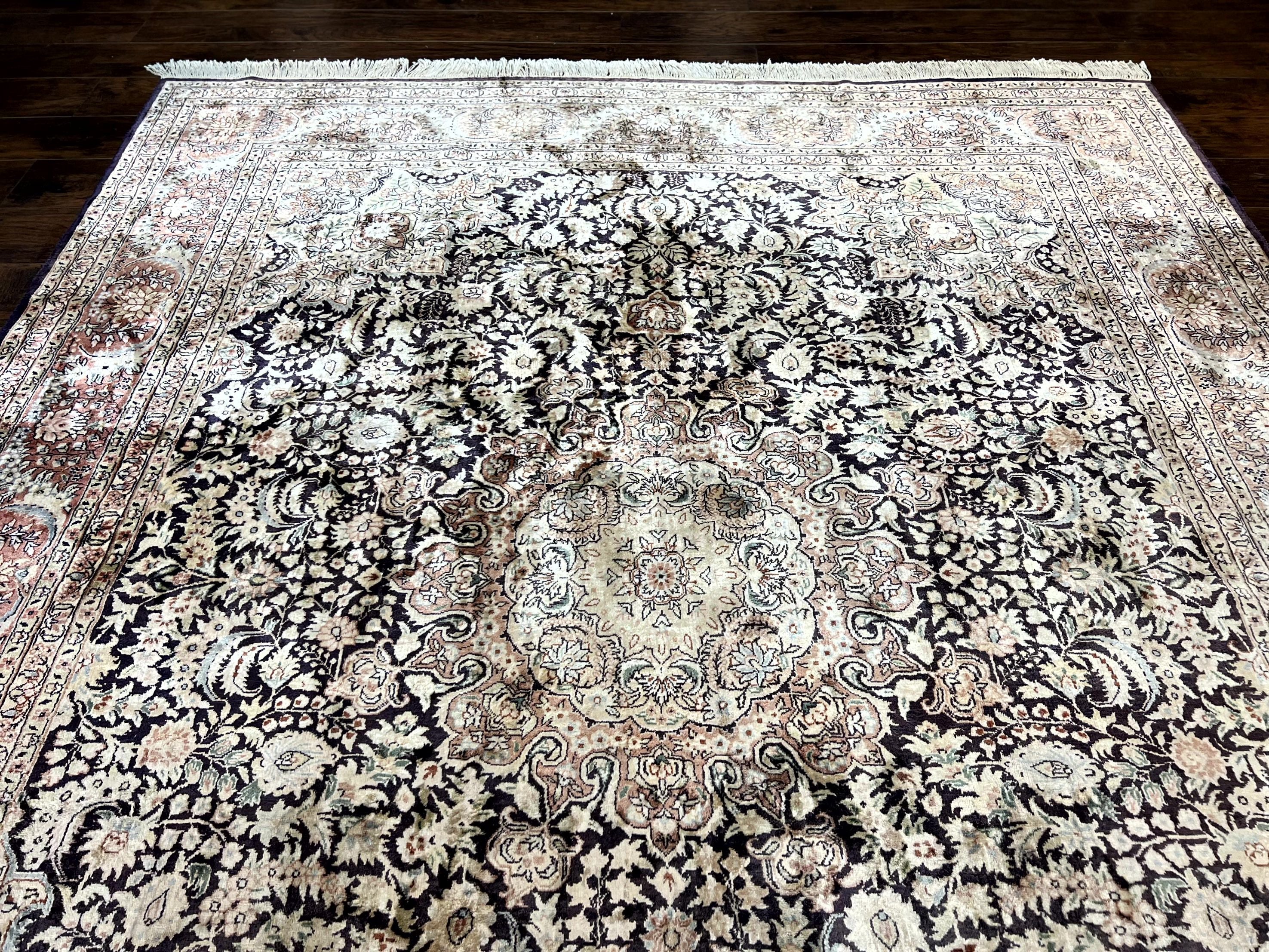 Silk Indian Kashmiri Rug 8x10, Floral Medallion, Indo Persian Carpet, Handmade Vintage Silk Rug