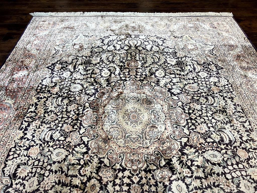 Silk Indian Kashmiri Rug 8x10, Floral Medallion, Indo Persian Carpet, Handmade Vintage Silk Rug