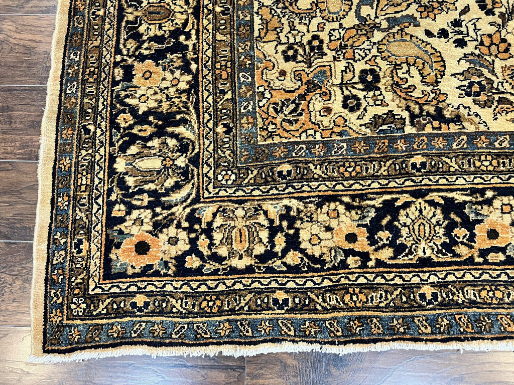 Antique Persian Rug 9x11, Wool Handmade 1920s Oriental Carpet, Persian Hamadan Anjelas Rug, Cream Black, Floral Allover Oriental Rug 9 x 11 Room Sized Rug