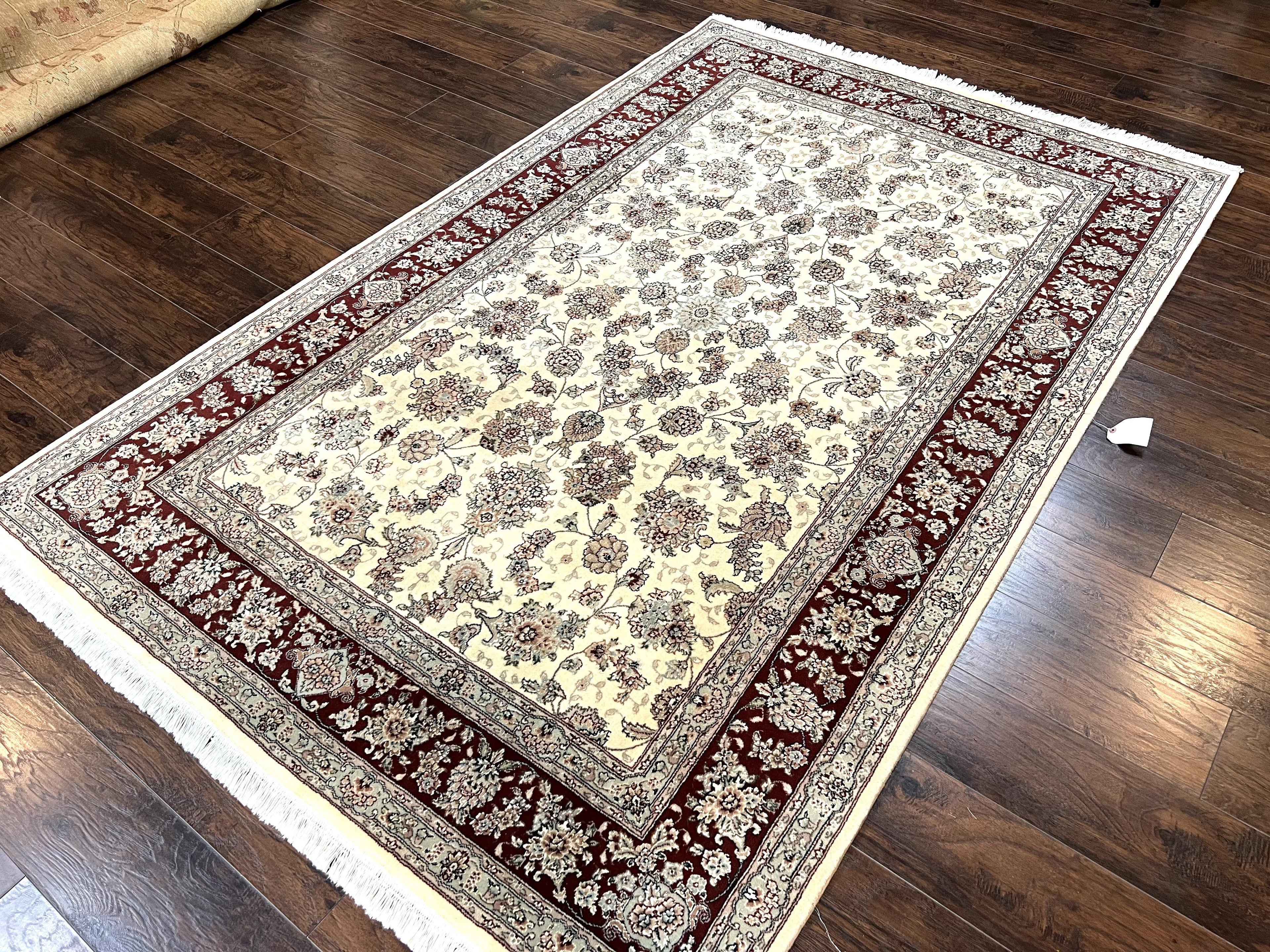 Pak Persian Rug 6x9, Floral Allover Carpet 6 x 9 ft, Cream and Maroon Hand Knotted Wool and Silk Fine Oriental Rug, Traditional Vintage Rug