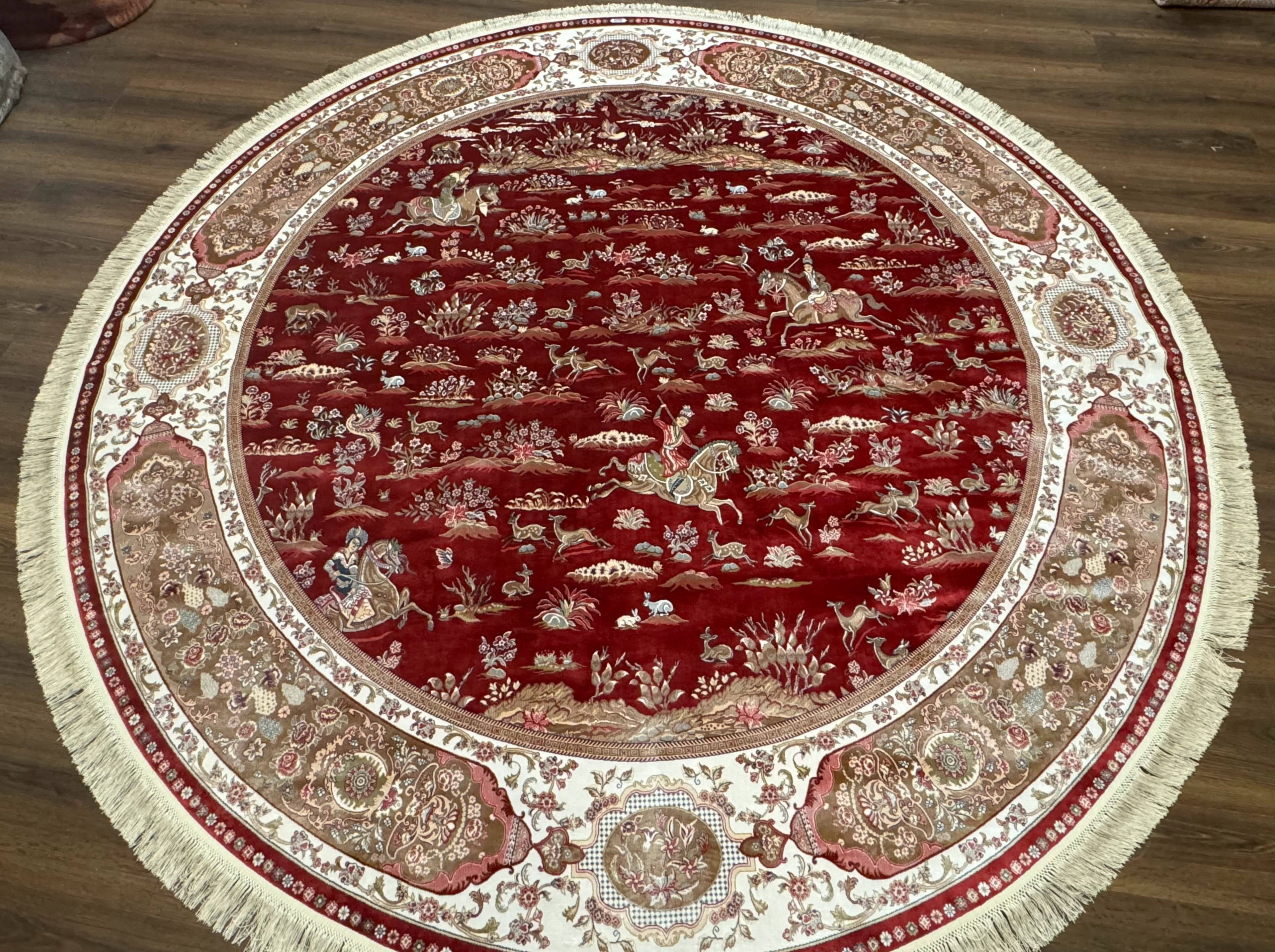 Large Round Turkish Silk Rug 8x8, Hunting Design, Dark Red & Ivory, Bamboo Silk