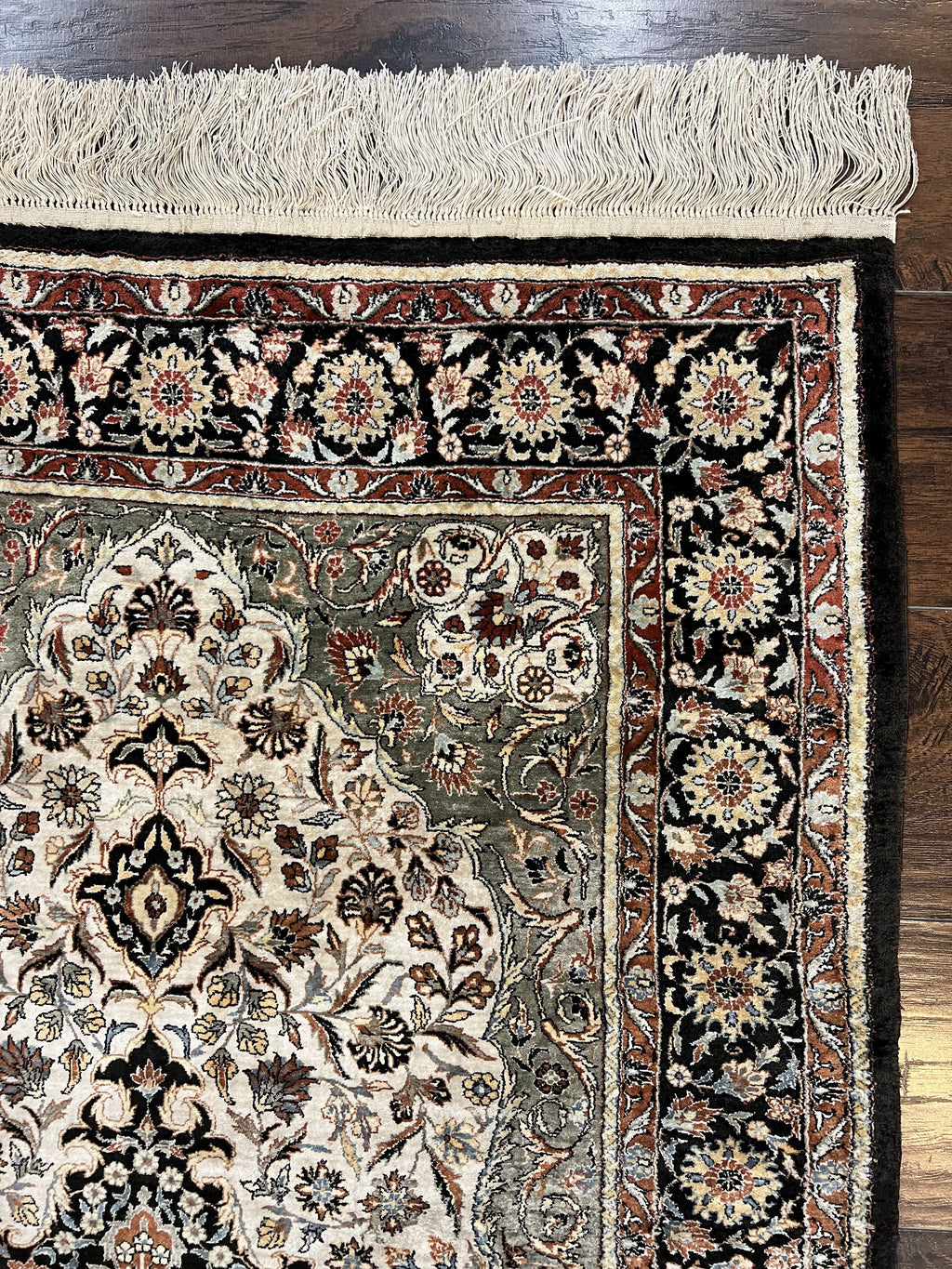 Silk Sino Persian Rug 3x5, Floral Medallion, Hand Knotted Silk Pile Silk Foundation, Traditional Silk Handmade Oriental Carpet, Cream Black