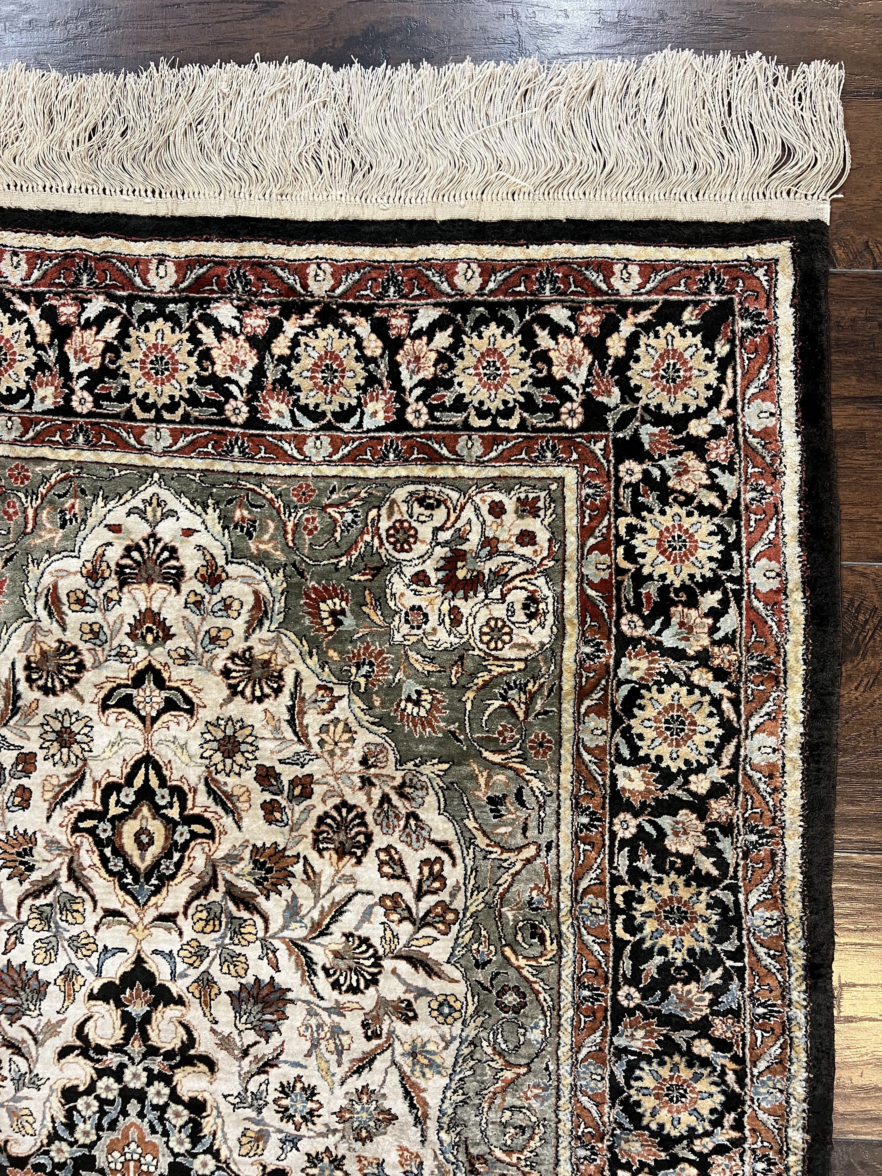Silk Sino Persian Rug 3x5, Floral Medallion, Hand Knotted Silk Pile Silk Foundation, Traditional Silk Handmade Oriental Carpet, Cream Black