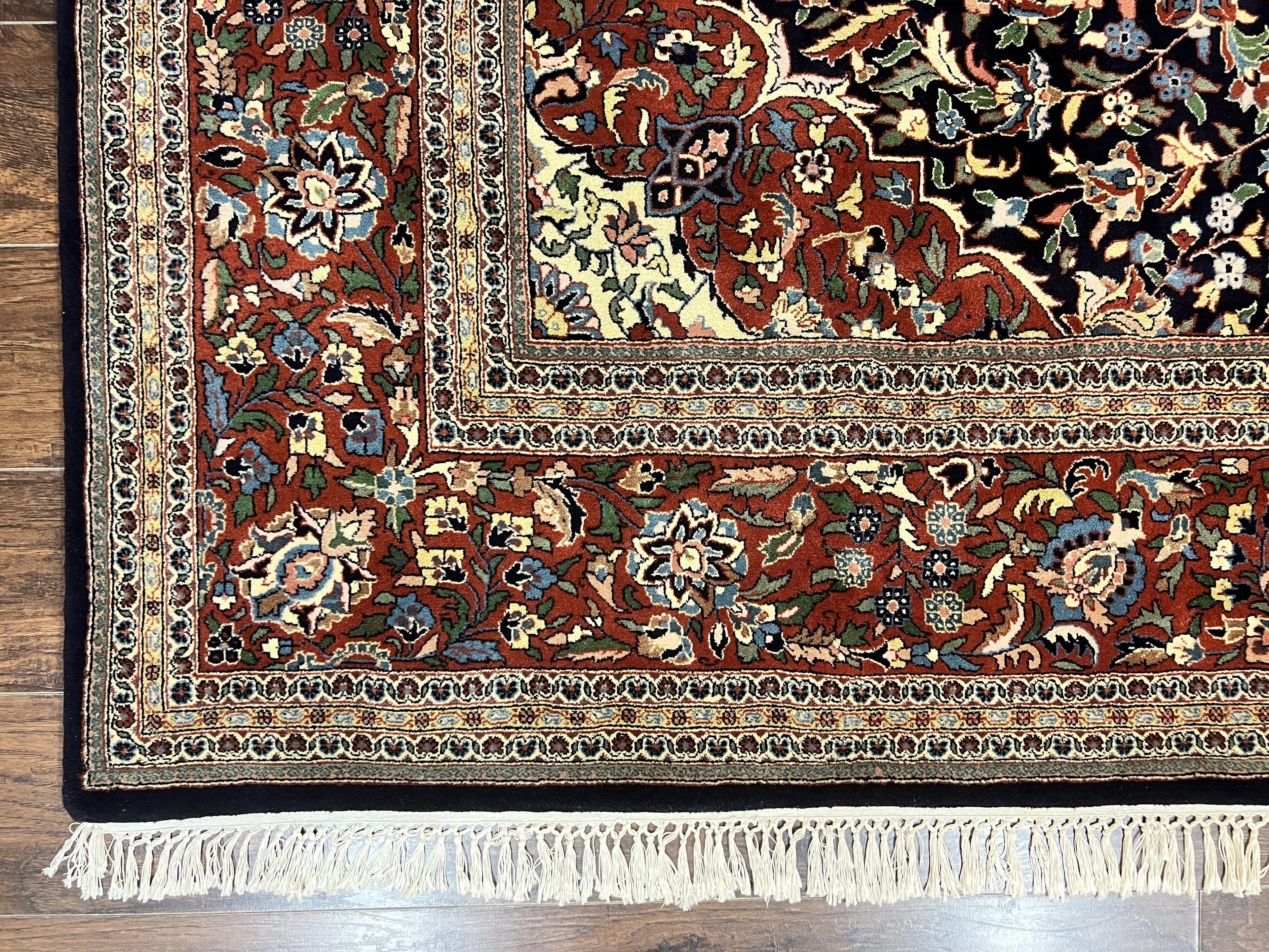 Indo Persian Rug 8x10, Floral Medallion, Vintage Handmade Wool Carpet, Navy Blue and Red, Fine 300 KPSI
